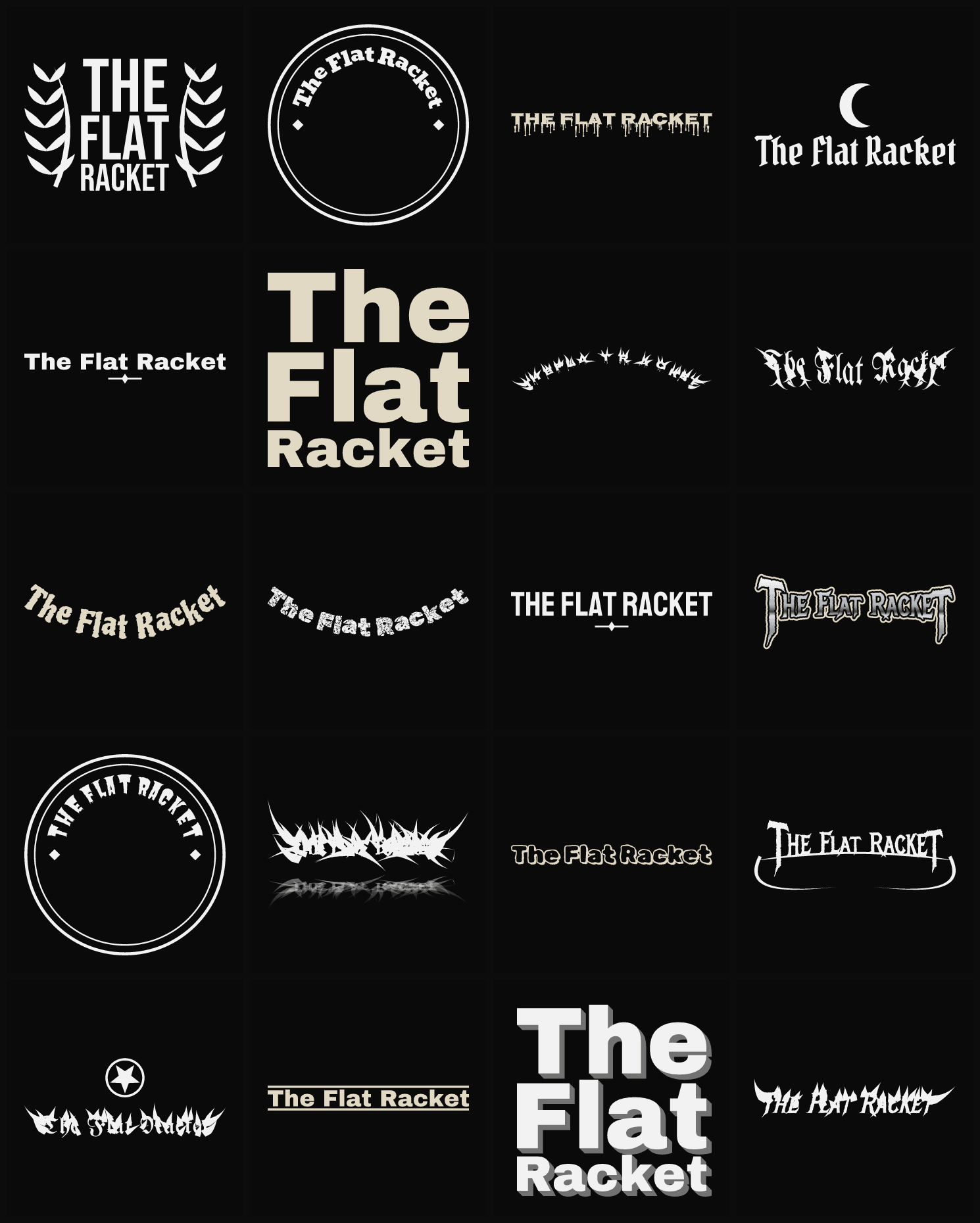Twenty The Flat Racket band logo ideas — different faces, treatments and spike settings