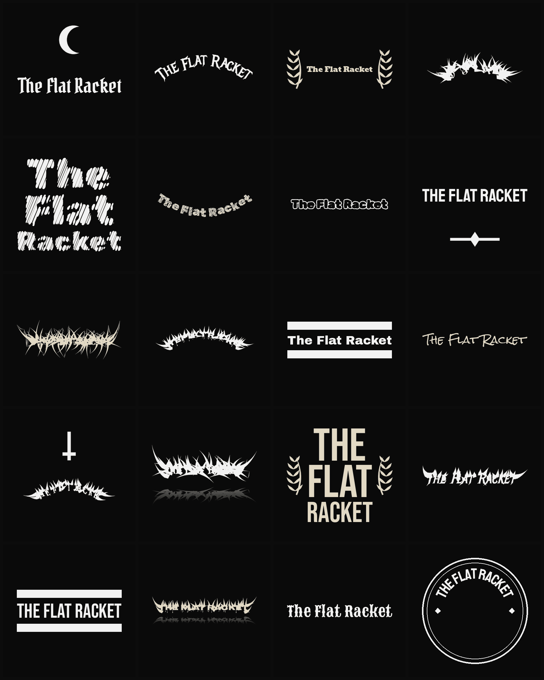 Twenty The Flat Racket band logo ideas — different faces, treatments and spike settings