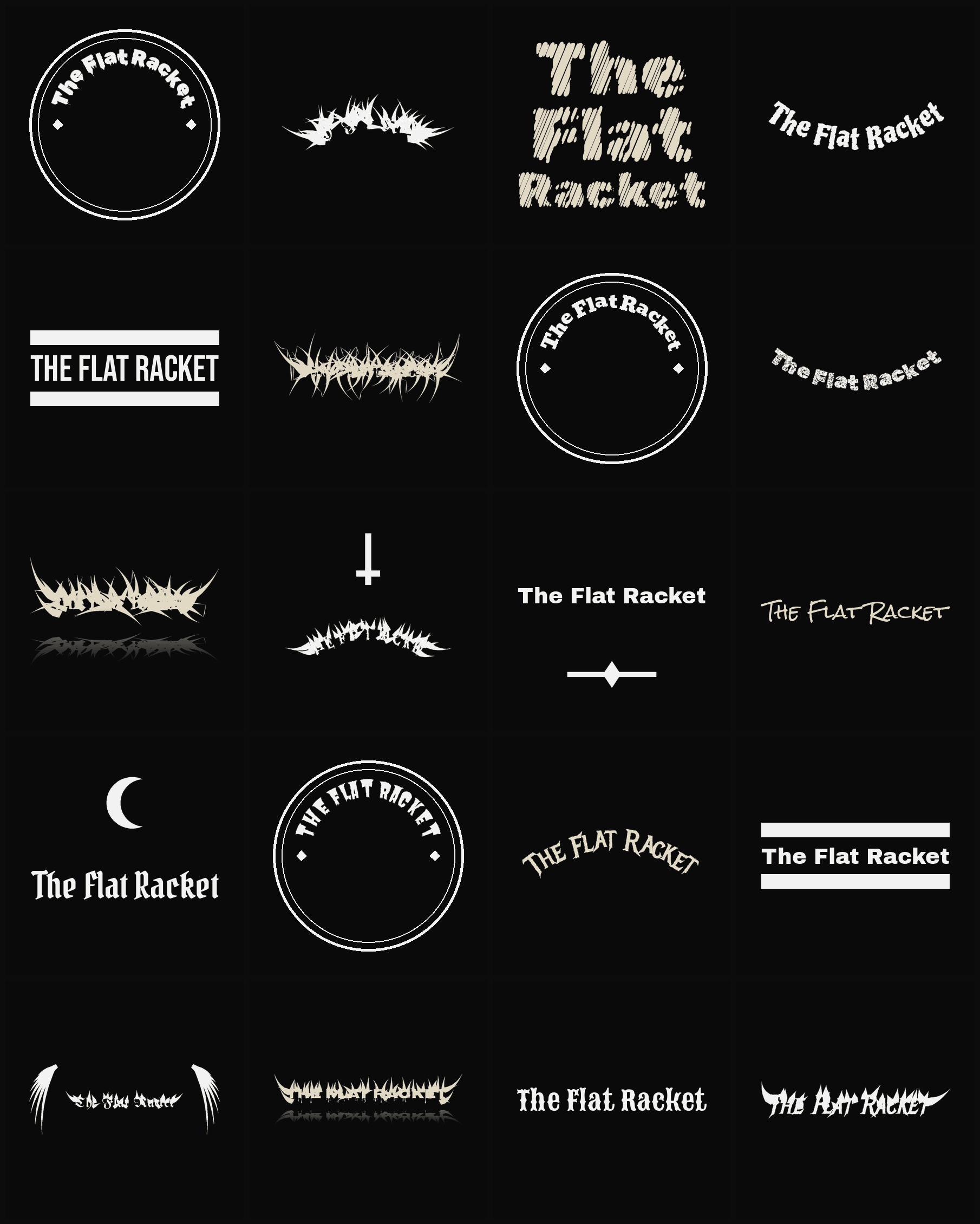 Twenty The Flat Racket band logo ideas — different faces, treatments and spike settings