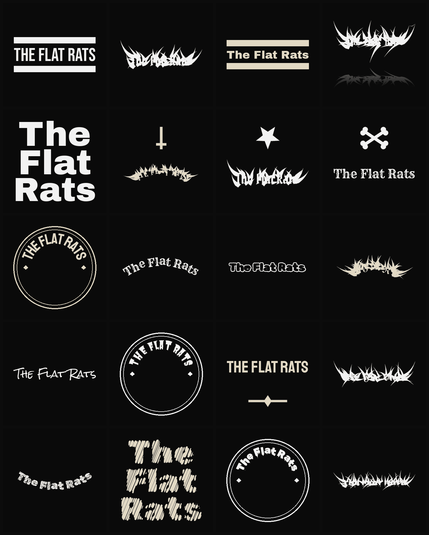 Twenty The Flat Rats band logo ideas — different faces, treatments and spike settings