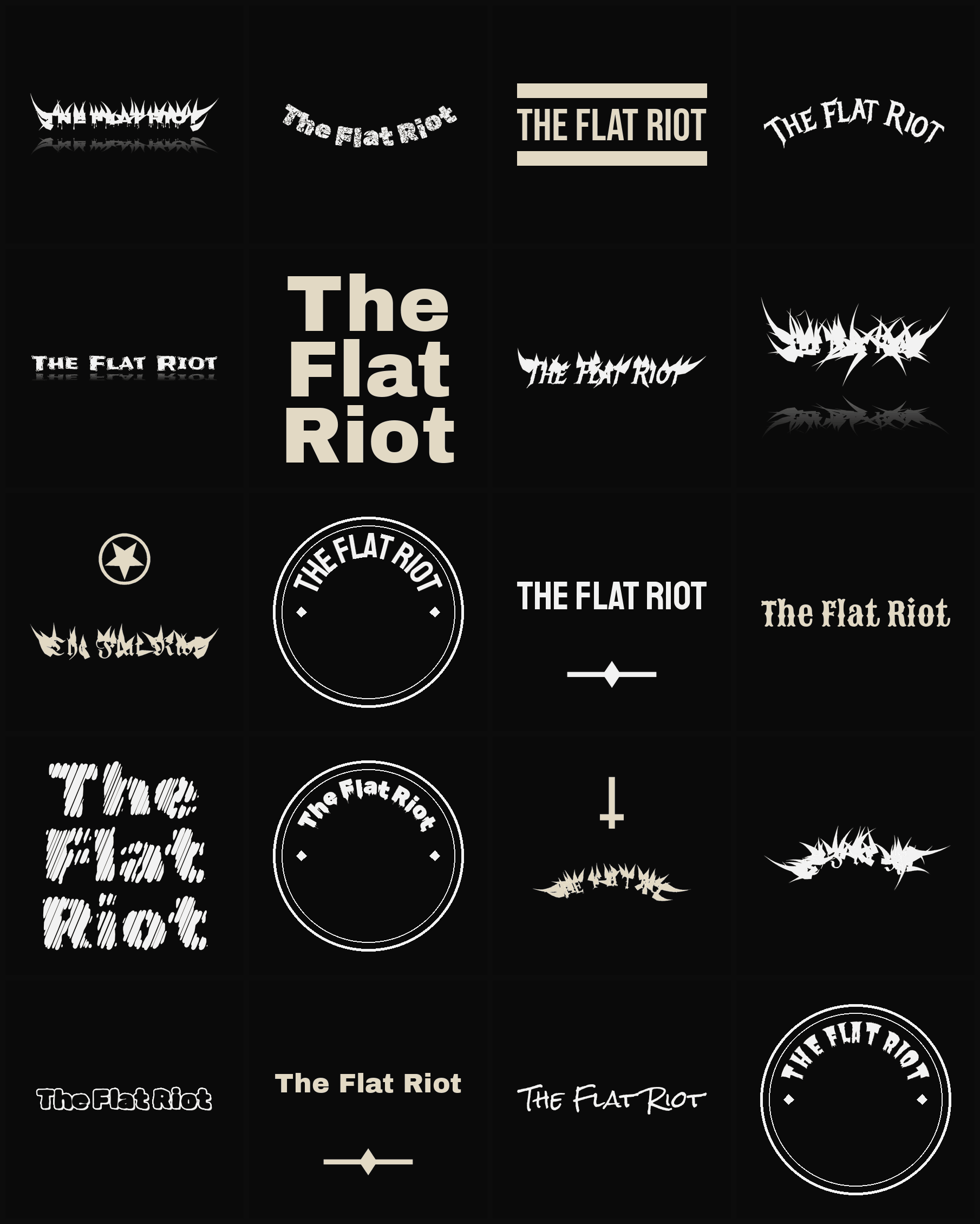Twenty The Flat Riot band logo ideas — different faces, treatments and spike settings