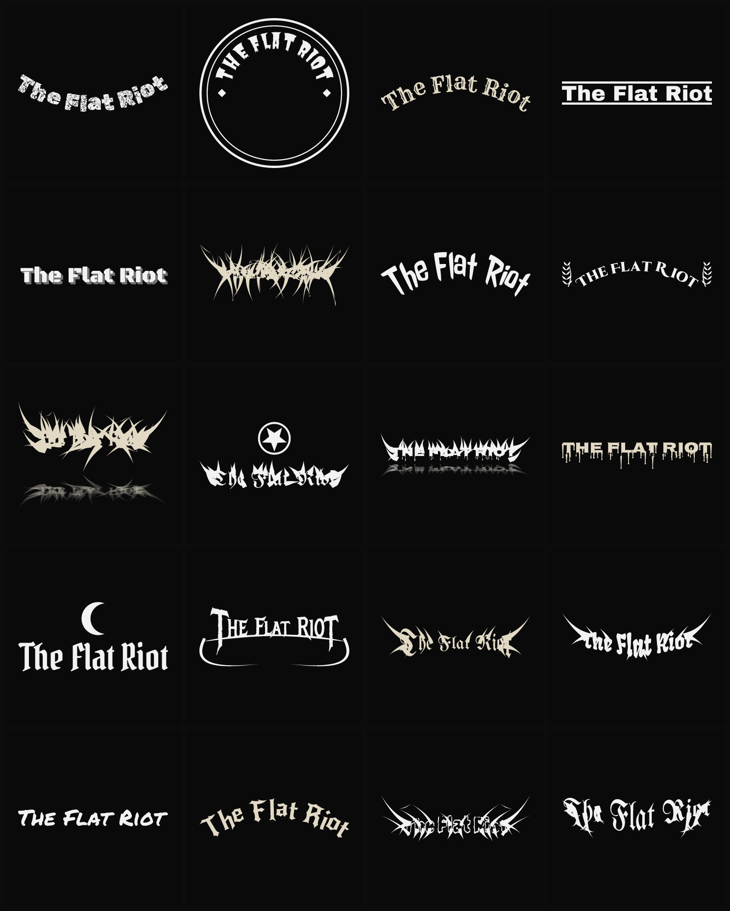 Twenty The Flat Riot band logo ideas — different faces, treatments and spike settings