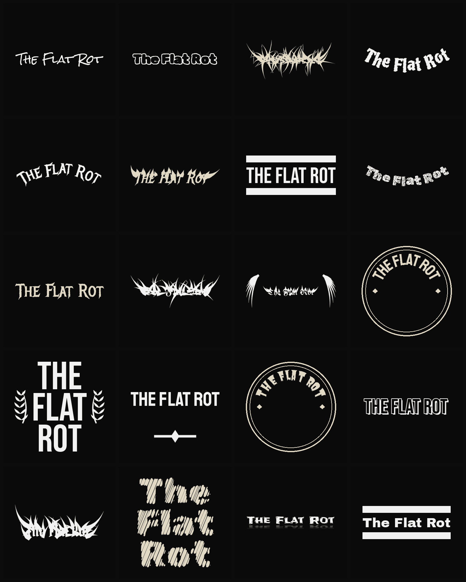 Twenty The Flat Rot band logo ideas — different faces, treatments and spike settings
