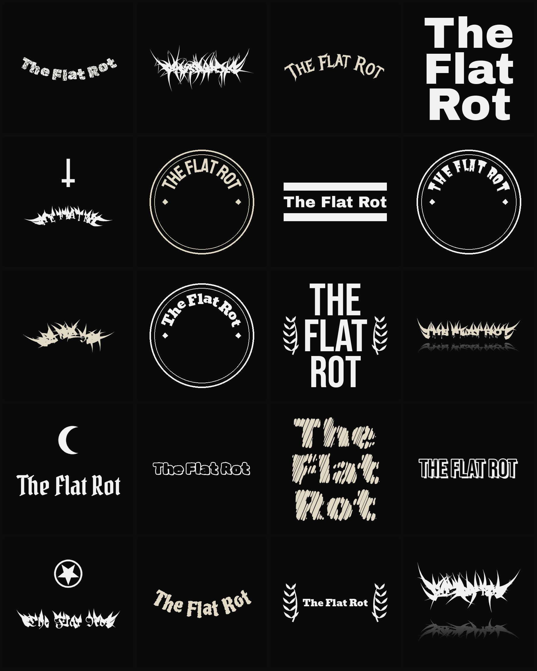 Twenty The Flat Rot band logo ideas — different faces, treatments and spike settings