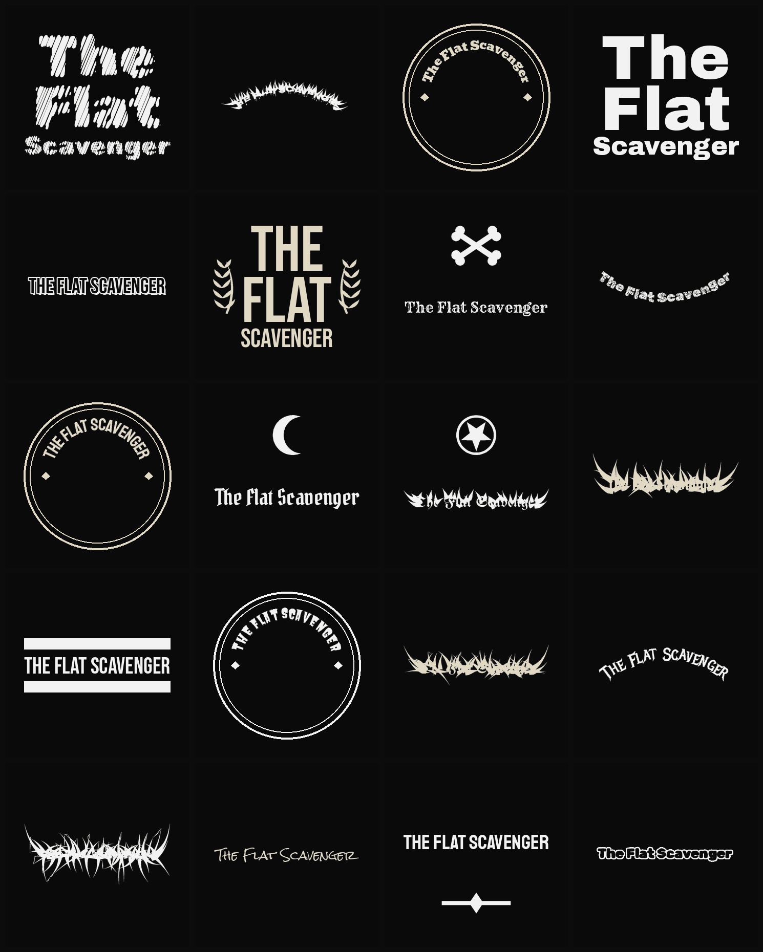 Twenty The Flat Scavenger band logo ideas — different faces, treatments and spike settings