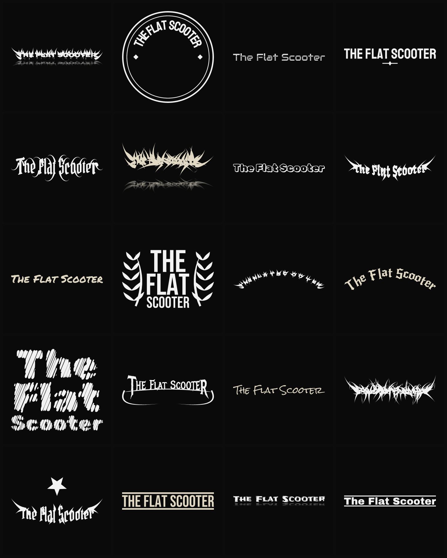 Twenty The Flat Scooter band logo ideas — different faces, treatments and spike settings