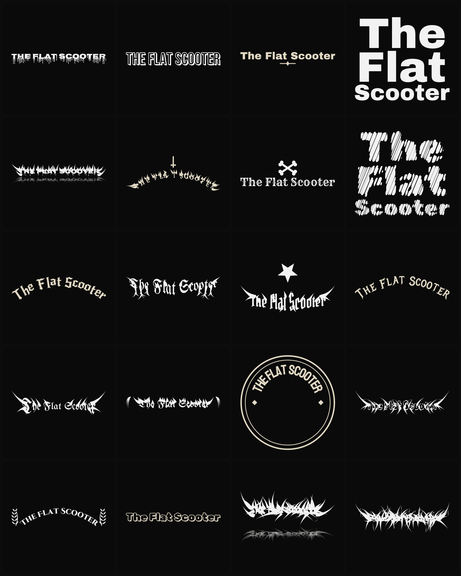 Twenty The Flat Scooter band logo ideas — different faces, treatments and spike settings