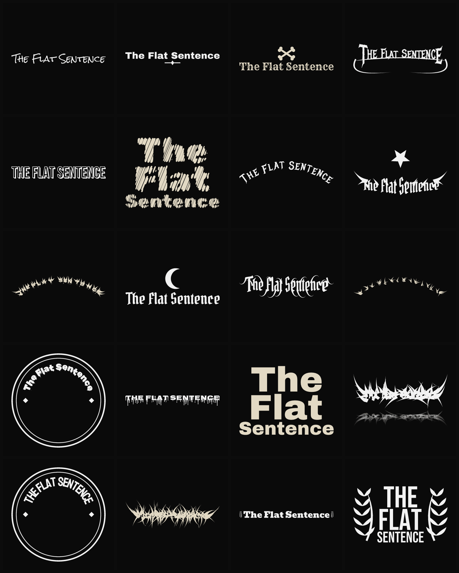Twenty The Flat Sentence band logo ideas — different faces, treatments and spike settings