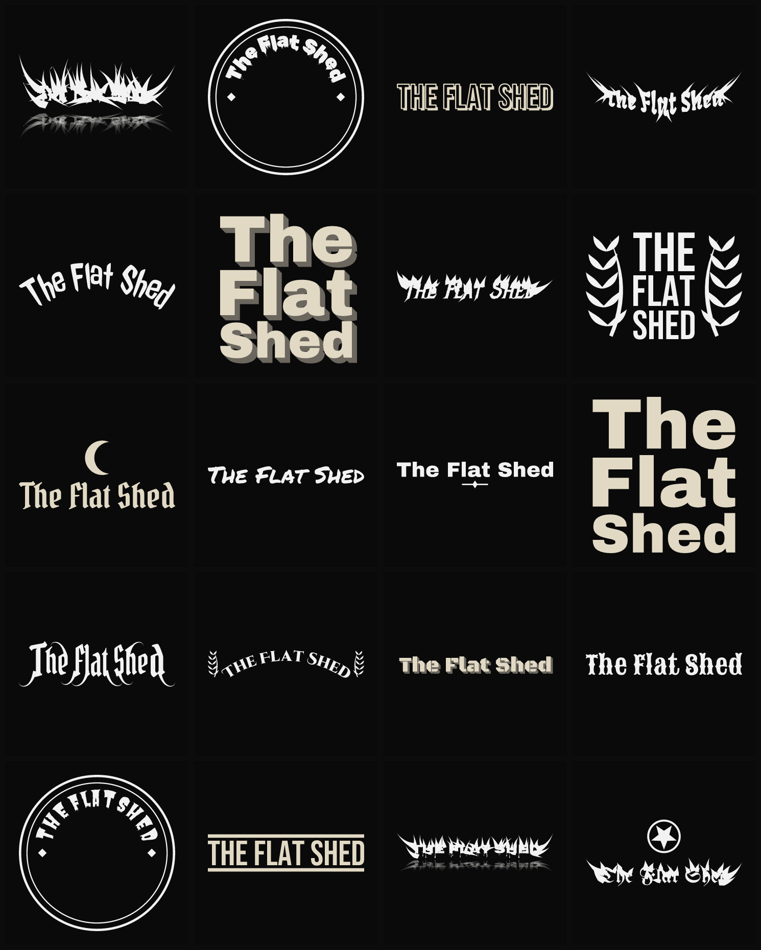 Twenty The Flat Shed band logo ideas — different faces, treatments and spike settings