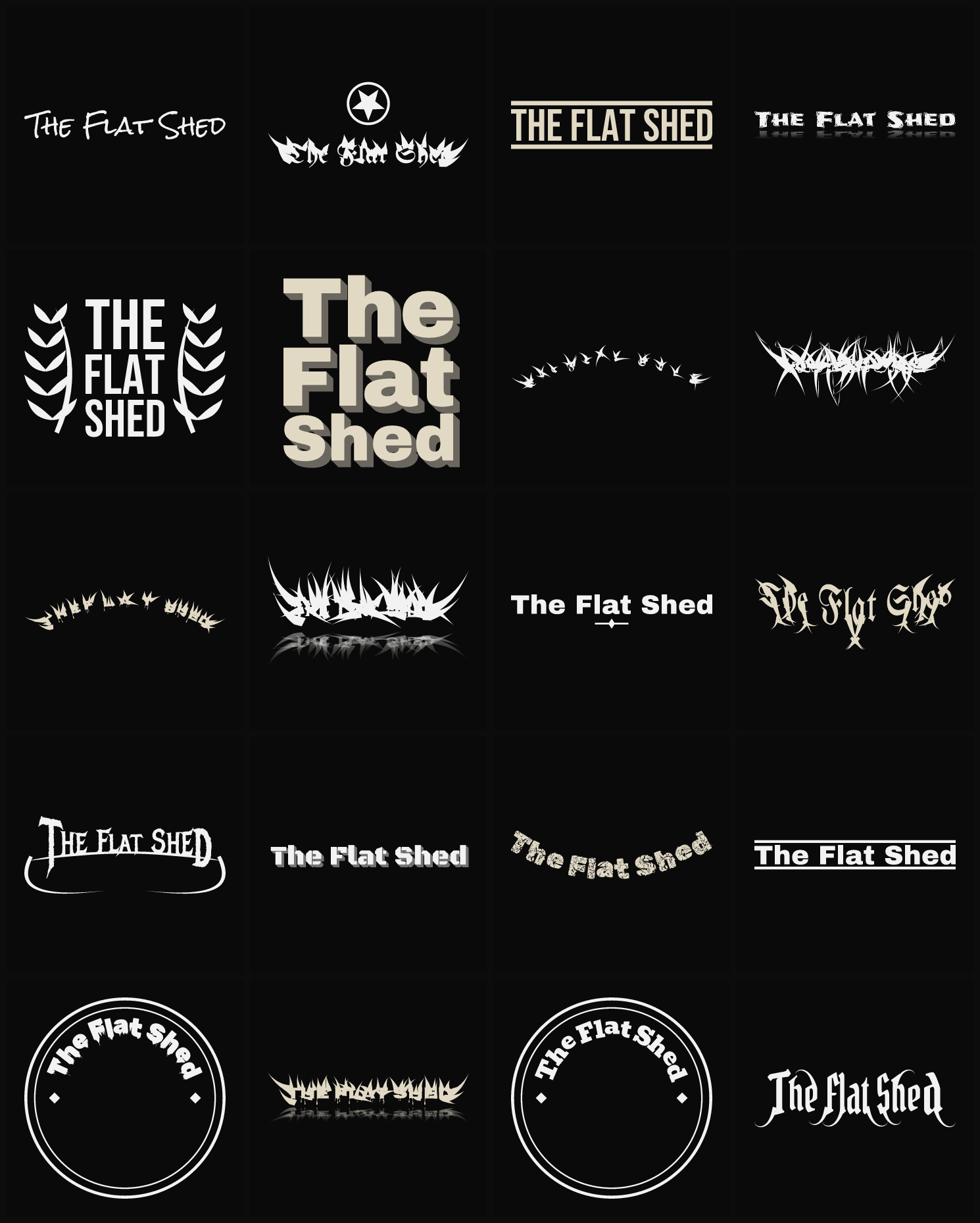 Twenty The Flat Shed band logo ideas — different faces, treatments and spike settings