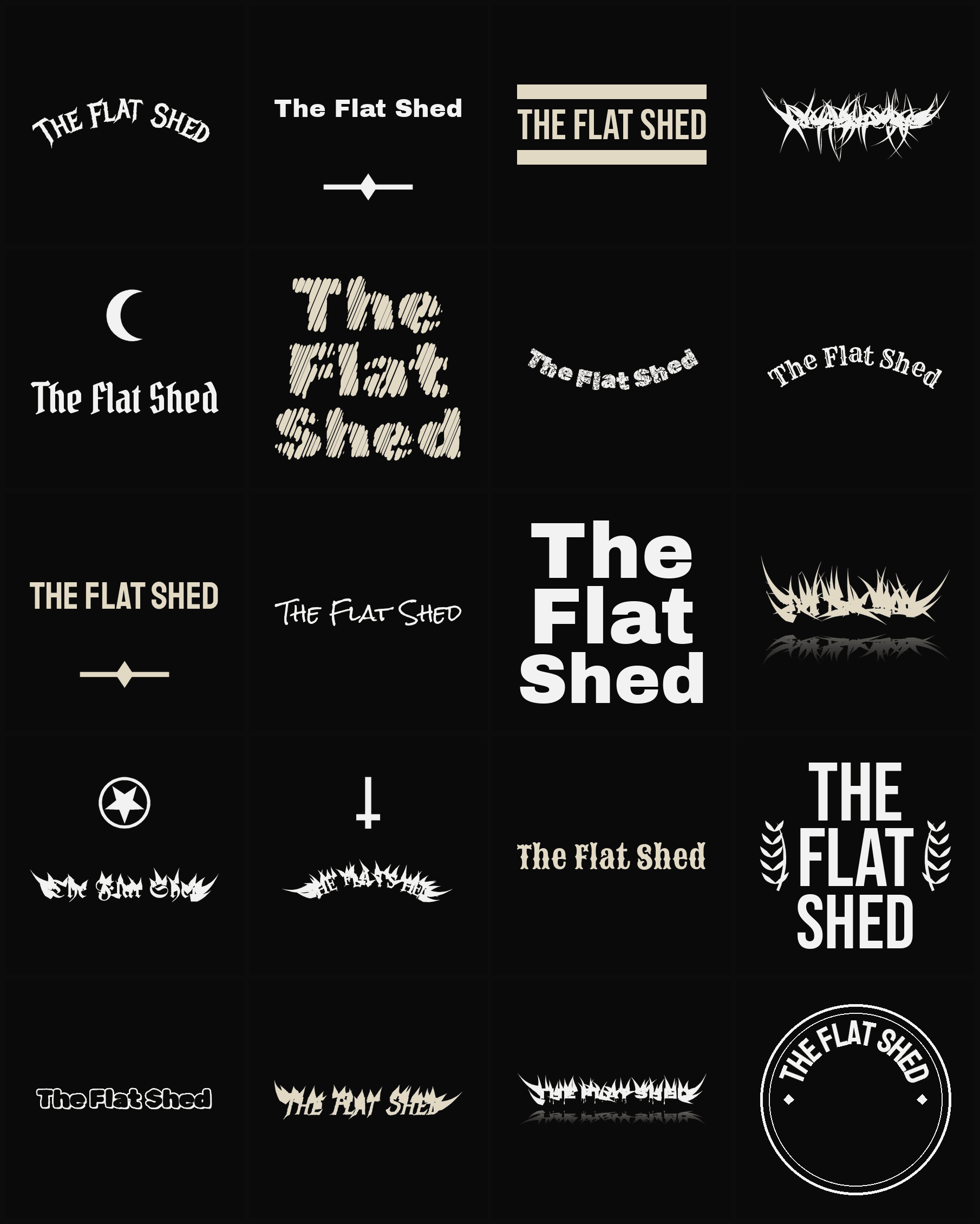 Twenty The Flat Shed band logo ideas — different faces, treatments and spike settings