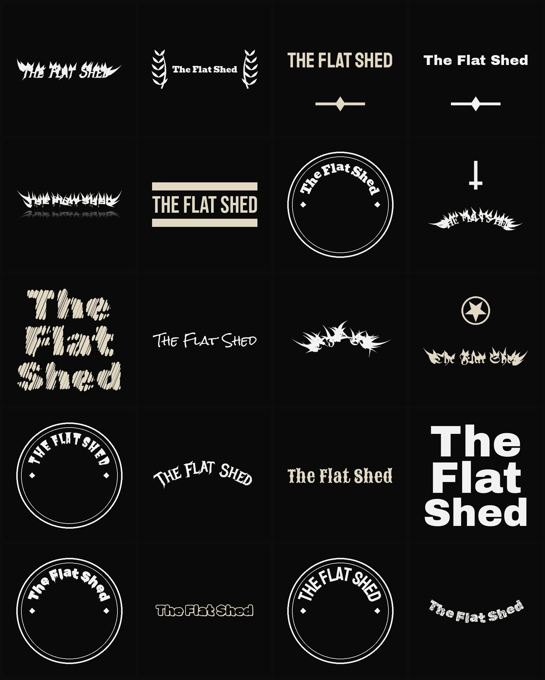 Twenty The Flat Shed band logo ideas — different faces, treatments and spike settings