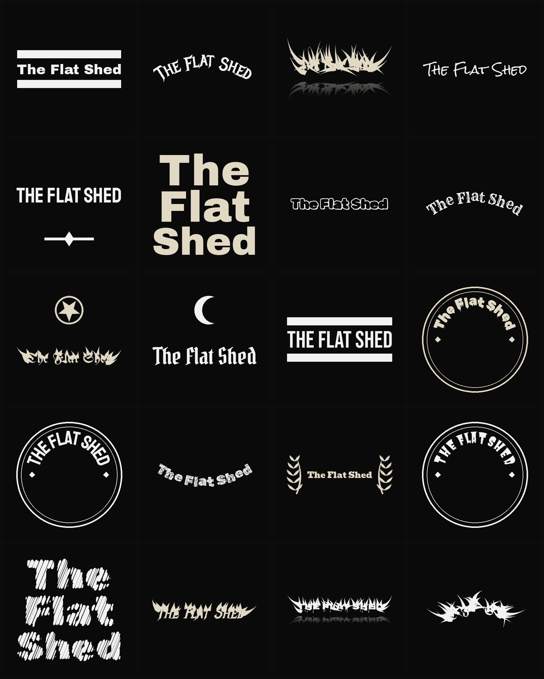 Twenty The Flat Shed band logo ideas — different faces, treatments and spike settings