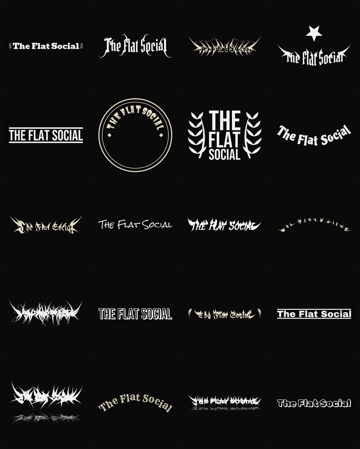 Twenty The Flat Social band logo ideas — different faces, treatments and spike settings