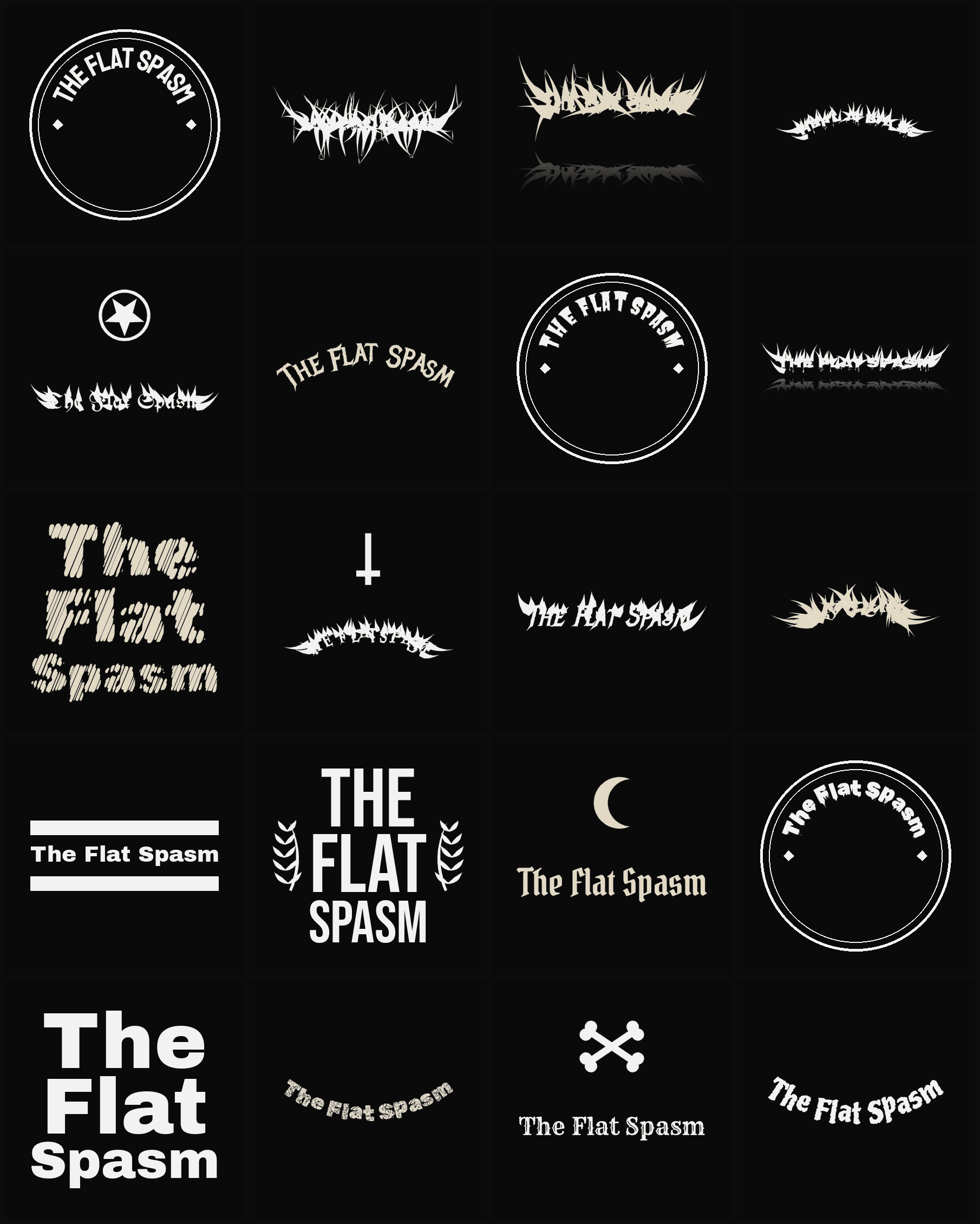 Twenty The Flat Spasm band logo ideas — different faces, treatments and spike settings