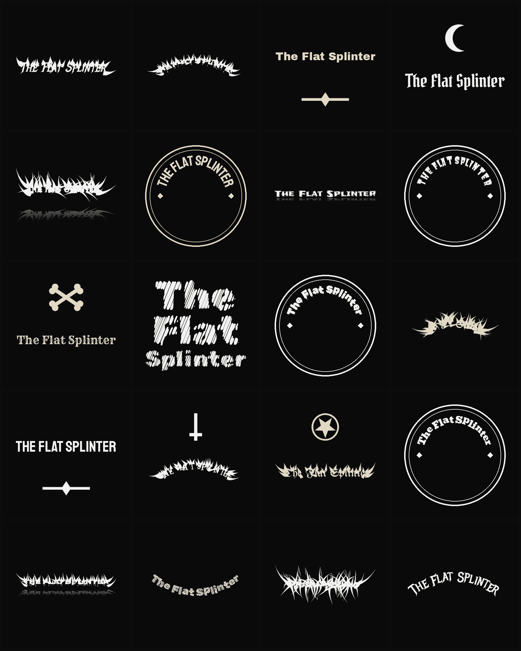 Twenty The Flat Splinter band logo ideas — different faces, treatments and spike settings