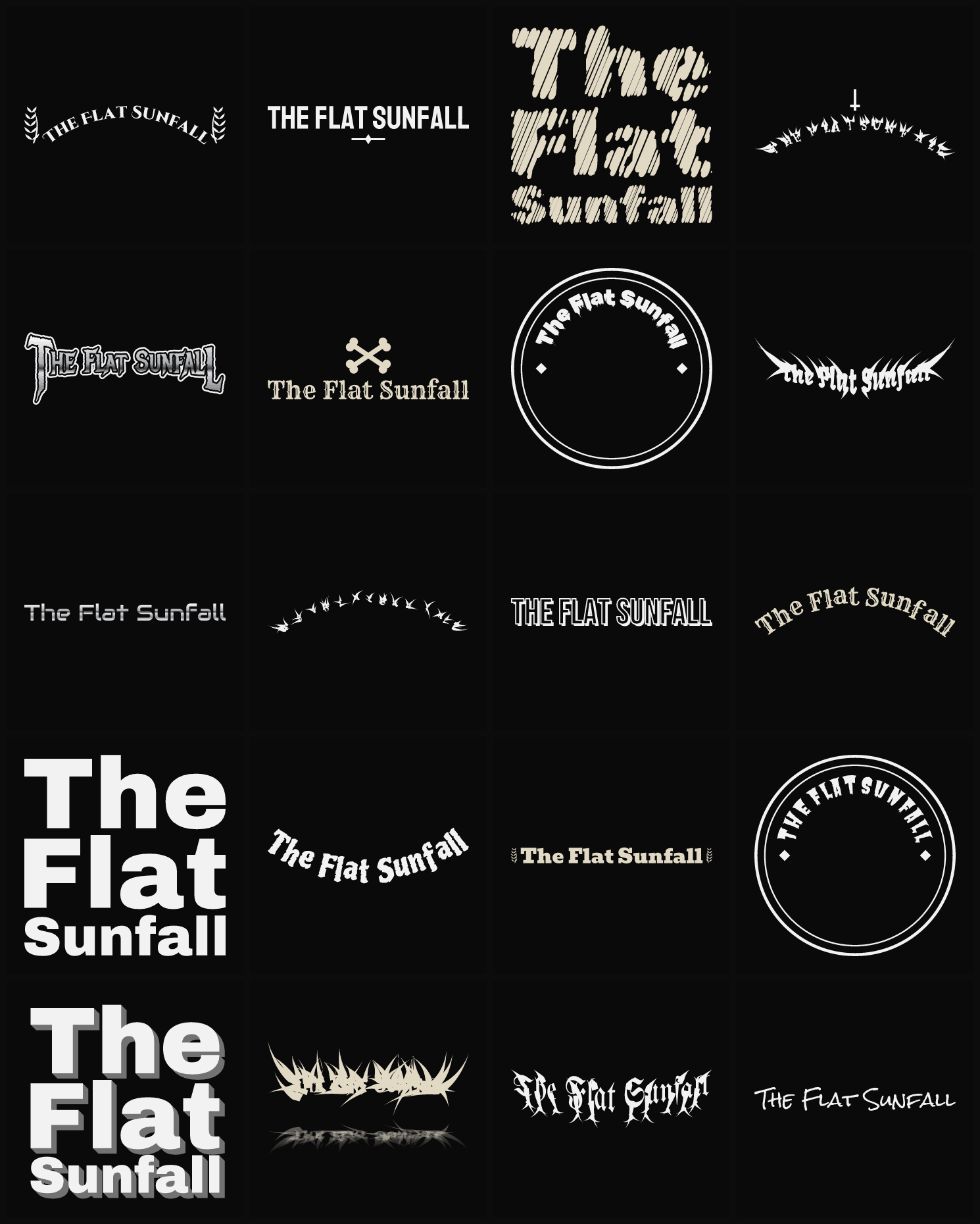 Twenty The Flat Sunfall band logo ideas — different faces, treatments and spike settings