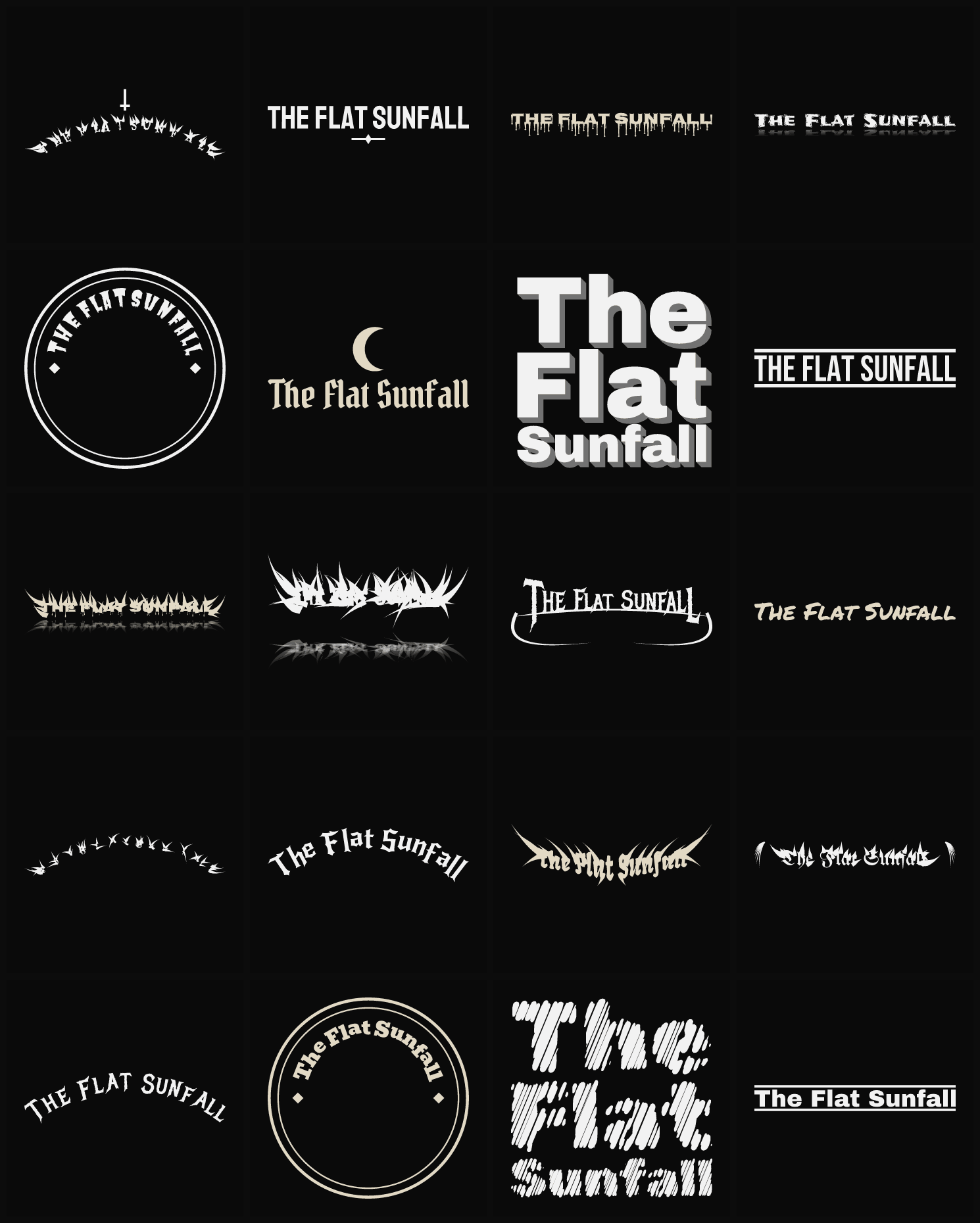 Twenty The Flat Sunfall band logo ideas — different faces, treatments and spike settings