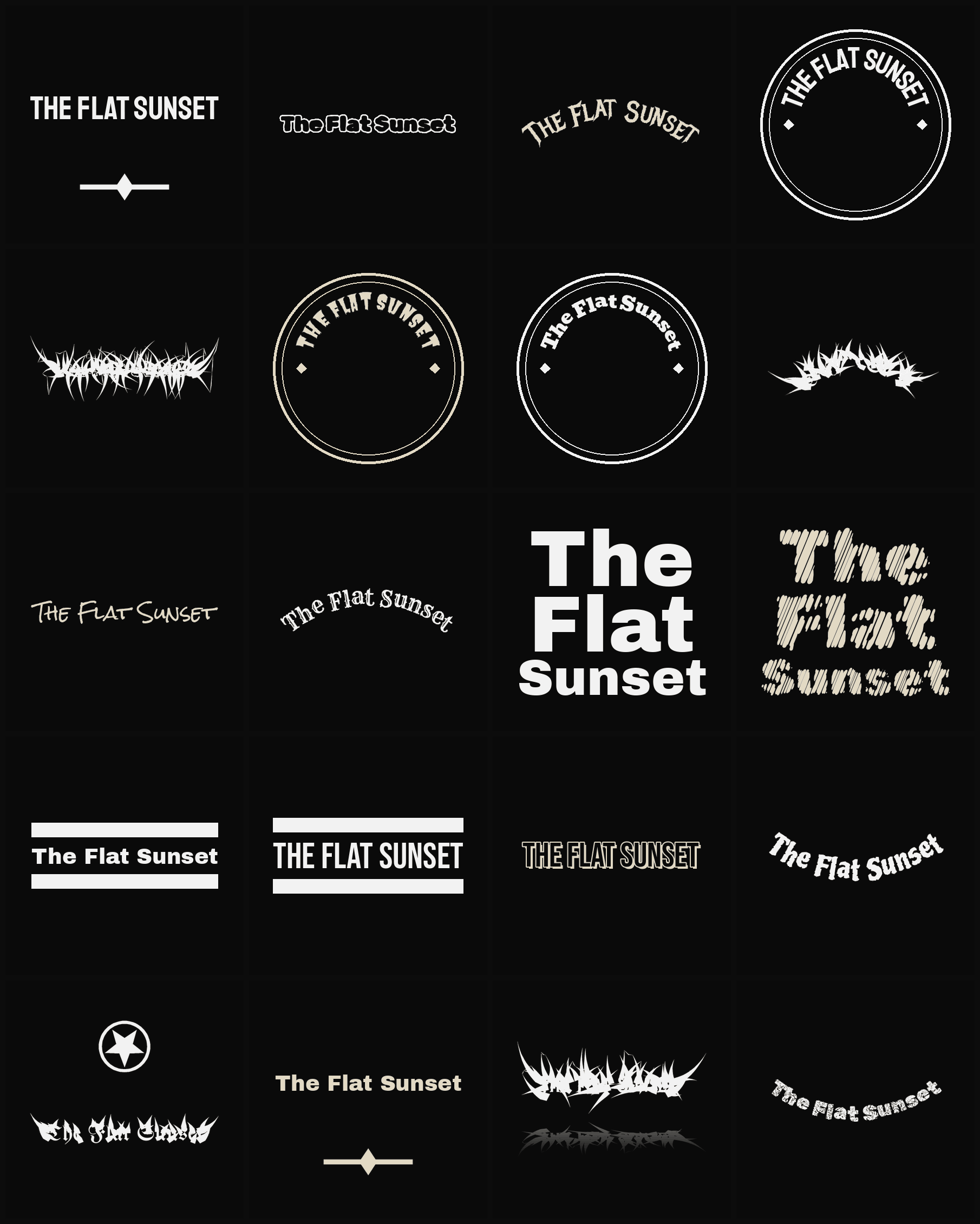 Twenty The Flat Sunset band logo ideas — different faces, treatments and spike settings