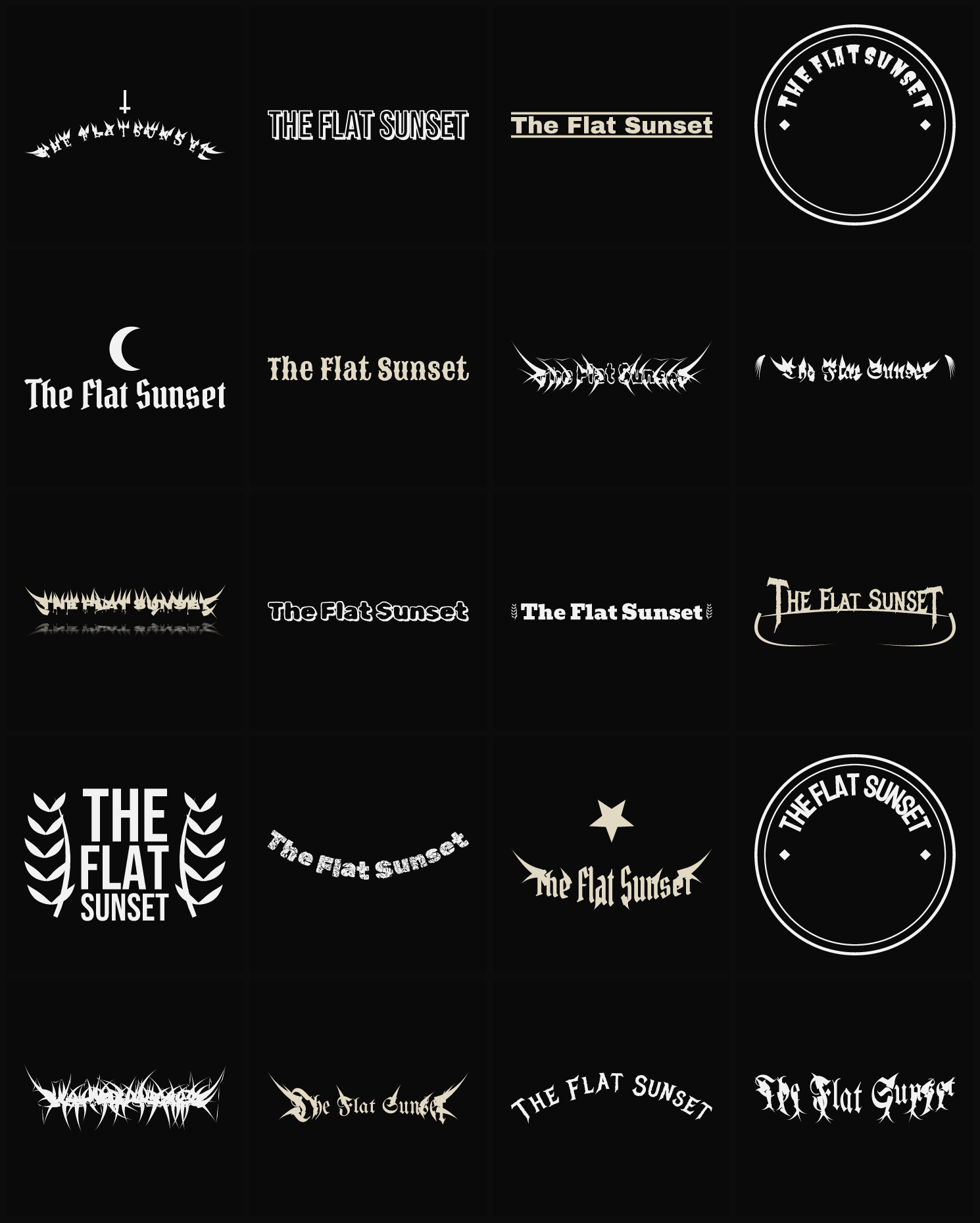Twenty The Flat Sunset band logo ideas — different faces, treatments and spike settings