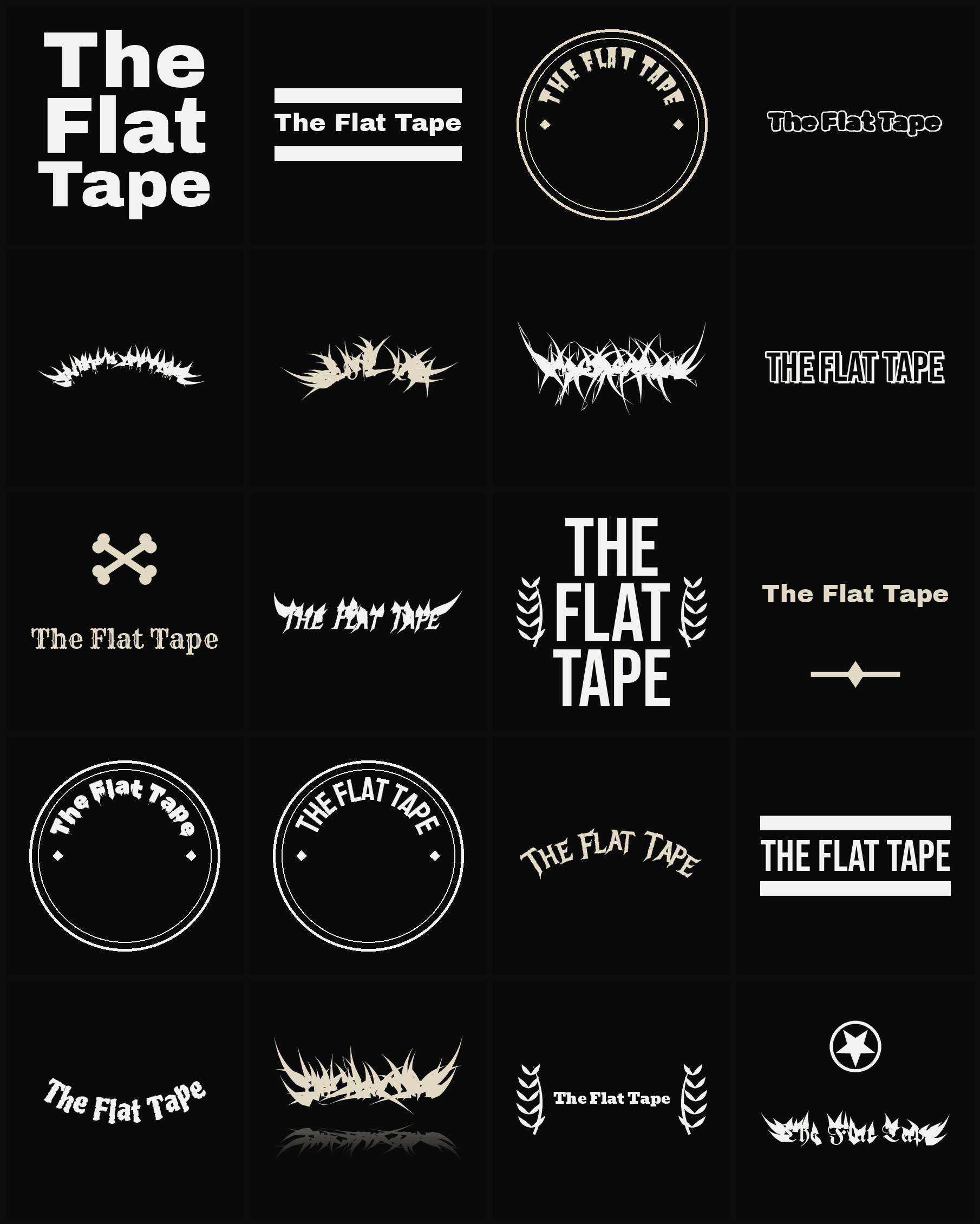 Twenty The Flat Tape band logo ideas — different faces, treatments and spike settings