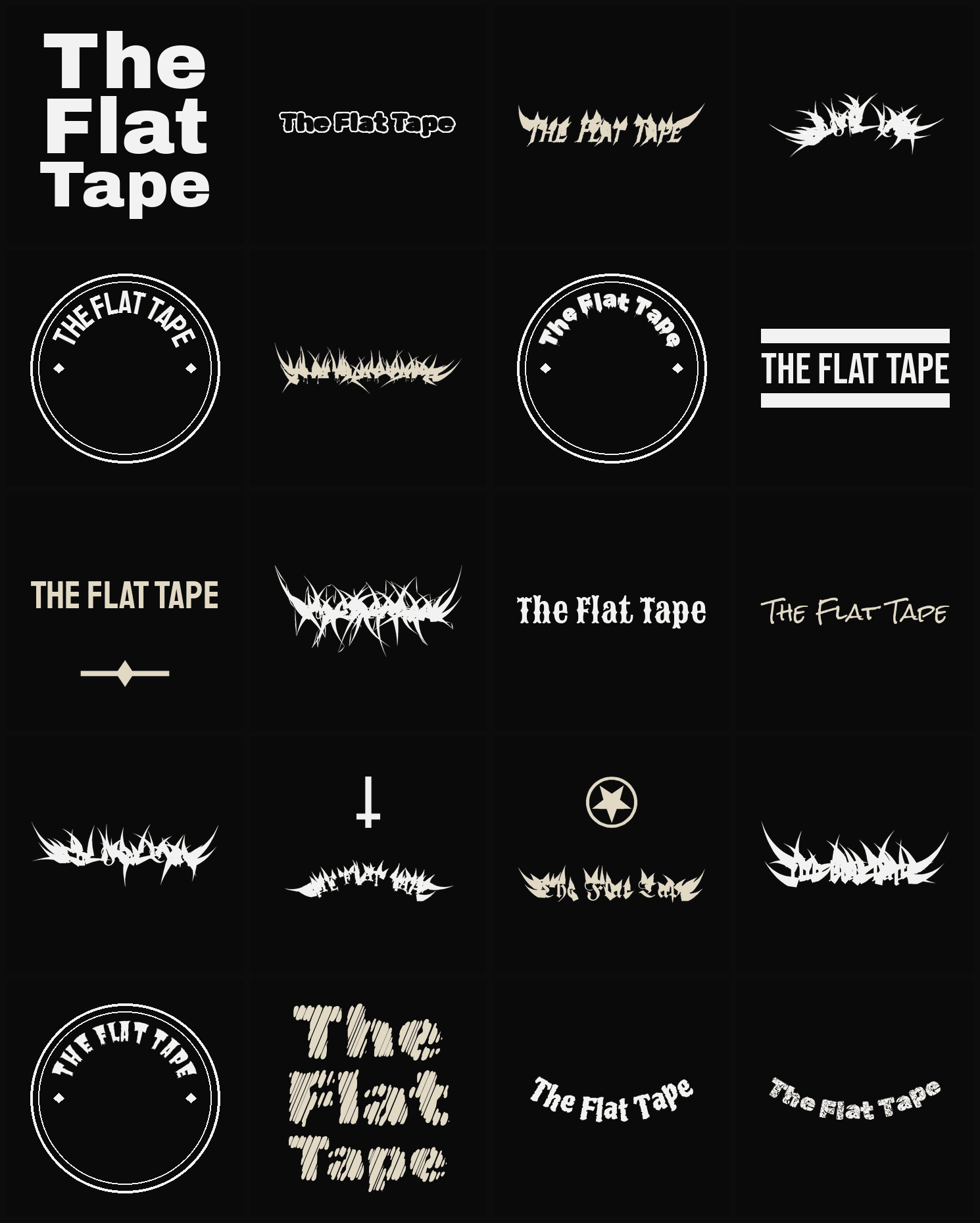 Twenty The Flat Tape band logo ideas — different faces, treatments and spike settings