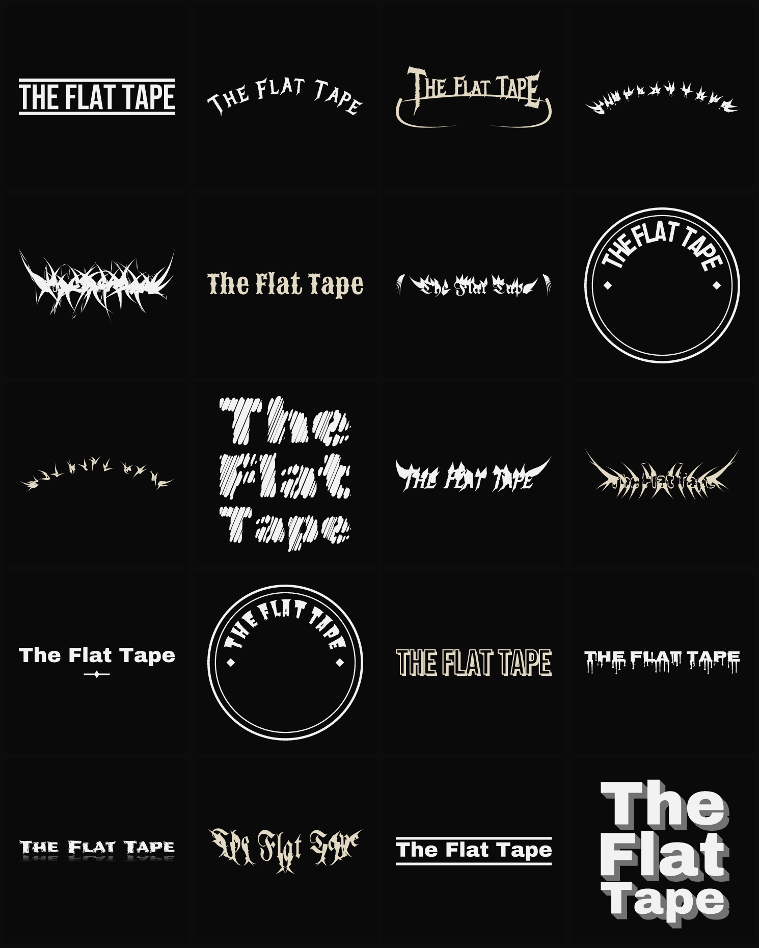 Twenty The Flat Tape band logo ideas — different faces, treatments and spike settings