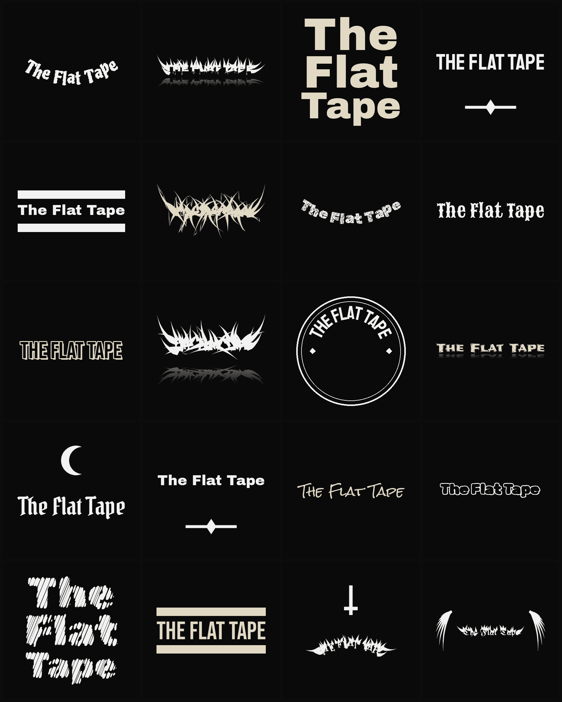 Twenty The Flat Tape band logo ideas — different faces, treatments and spike settings