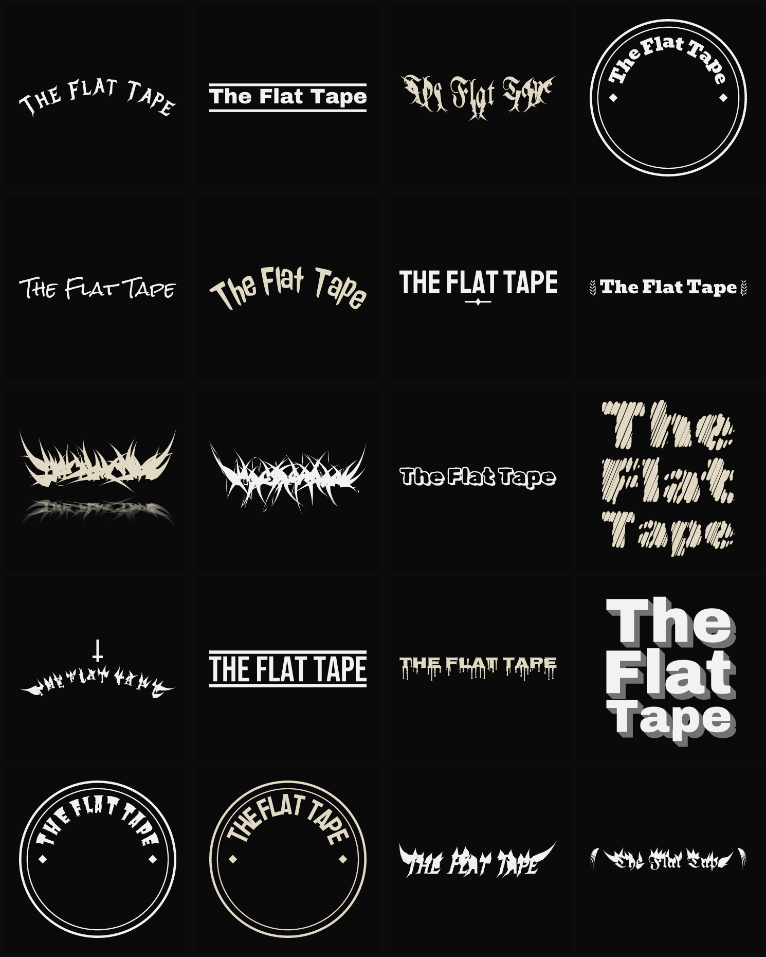 Twenty The Flat Tape band logo ideas — different faces, treatments and spike settings