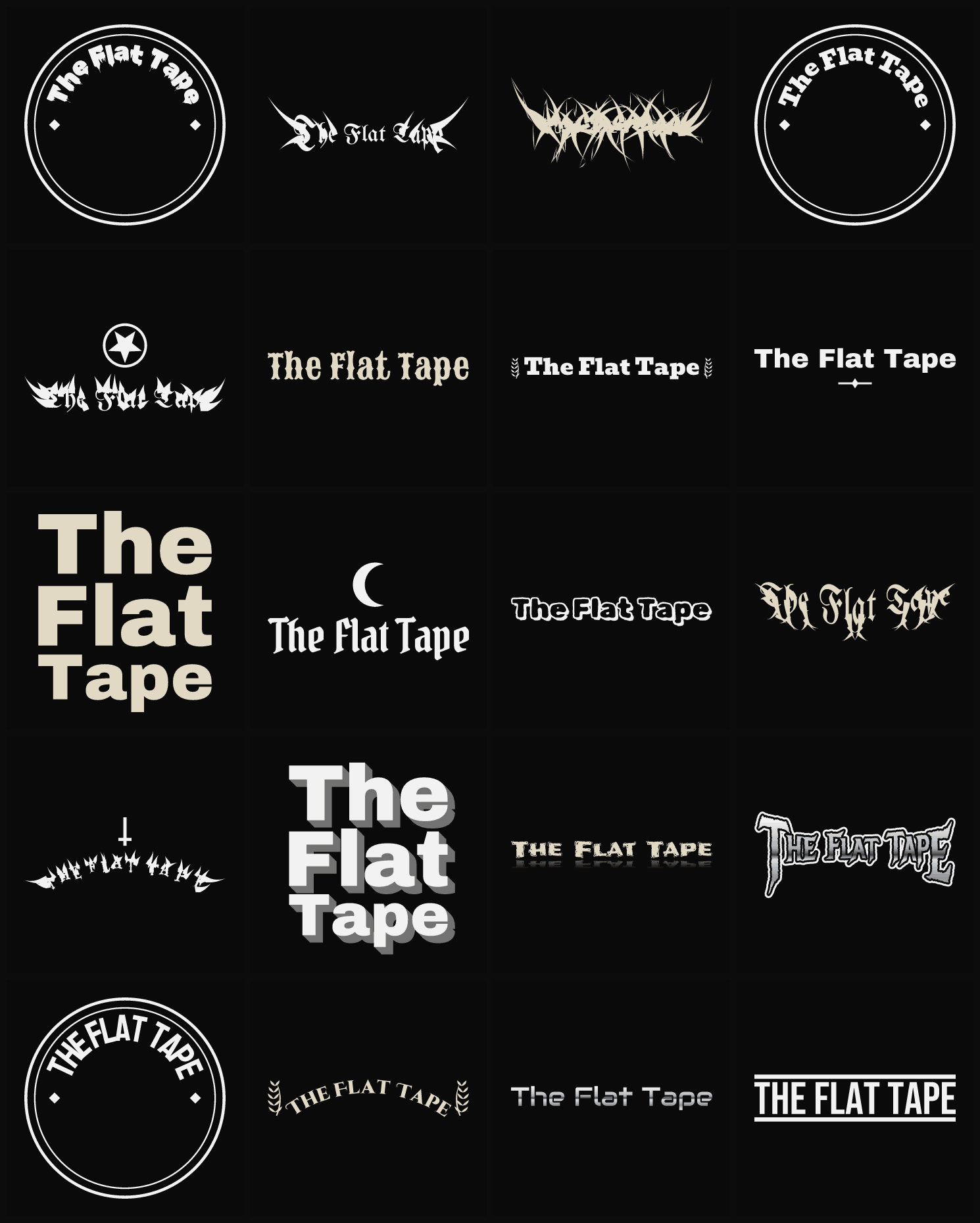 Twenty The Flat Tape band logo ideas — different faces, treatments and spike settings