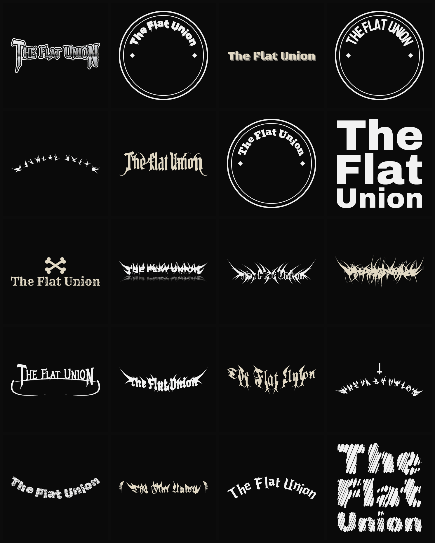 Twenty The Flat Union band logo ideas — different faces, treatments and spike settings