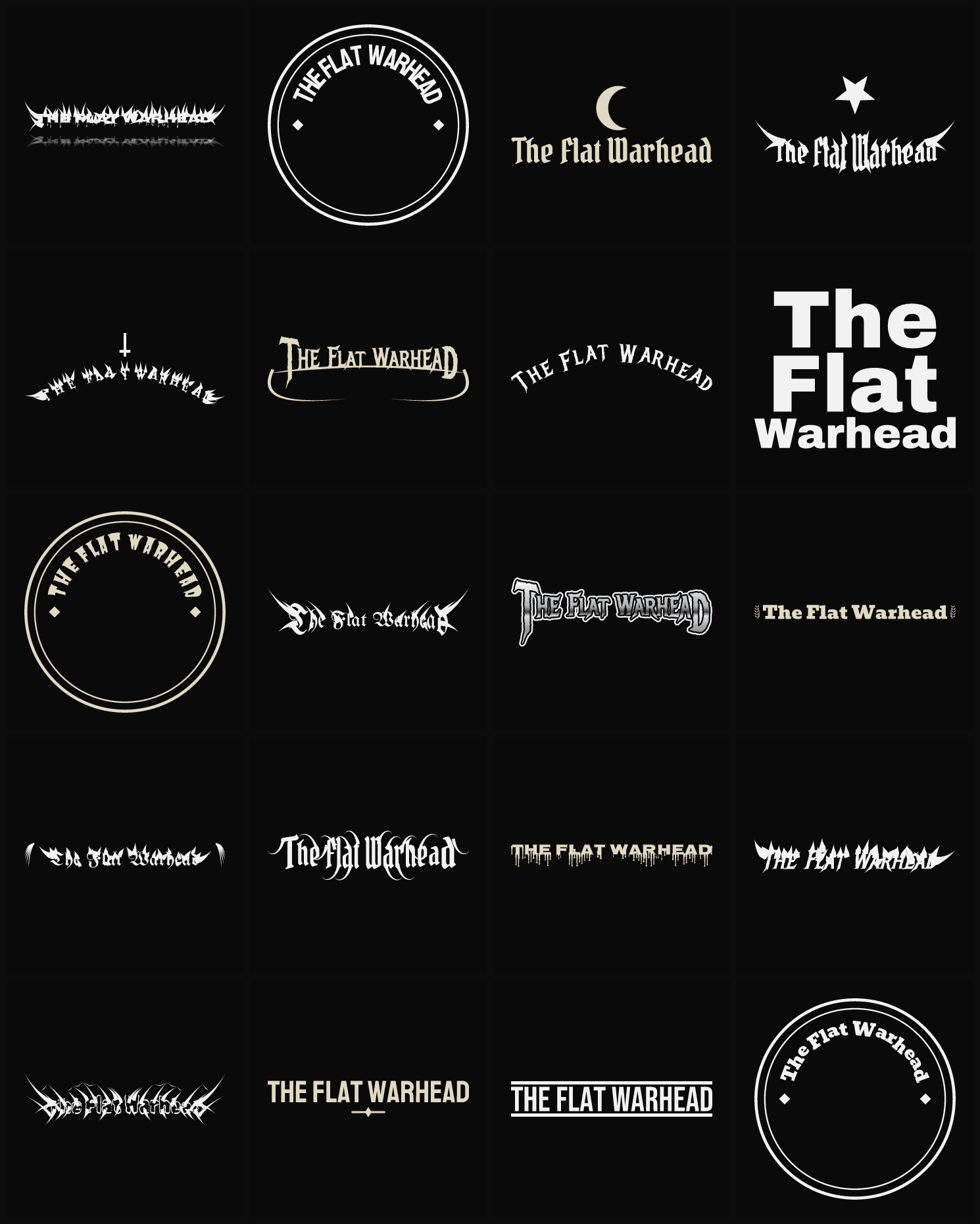 Twenty The Flat Warhead band logo ideas — different faces, treatments and spike settings