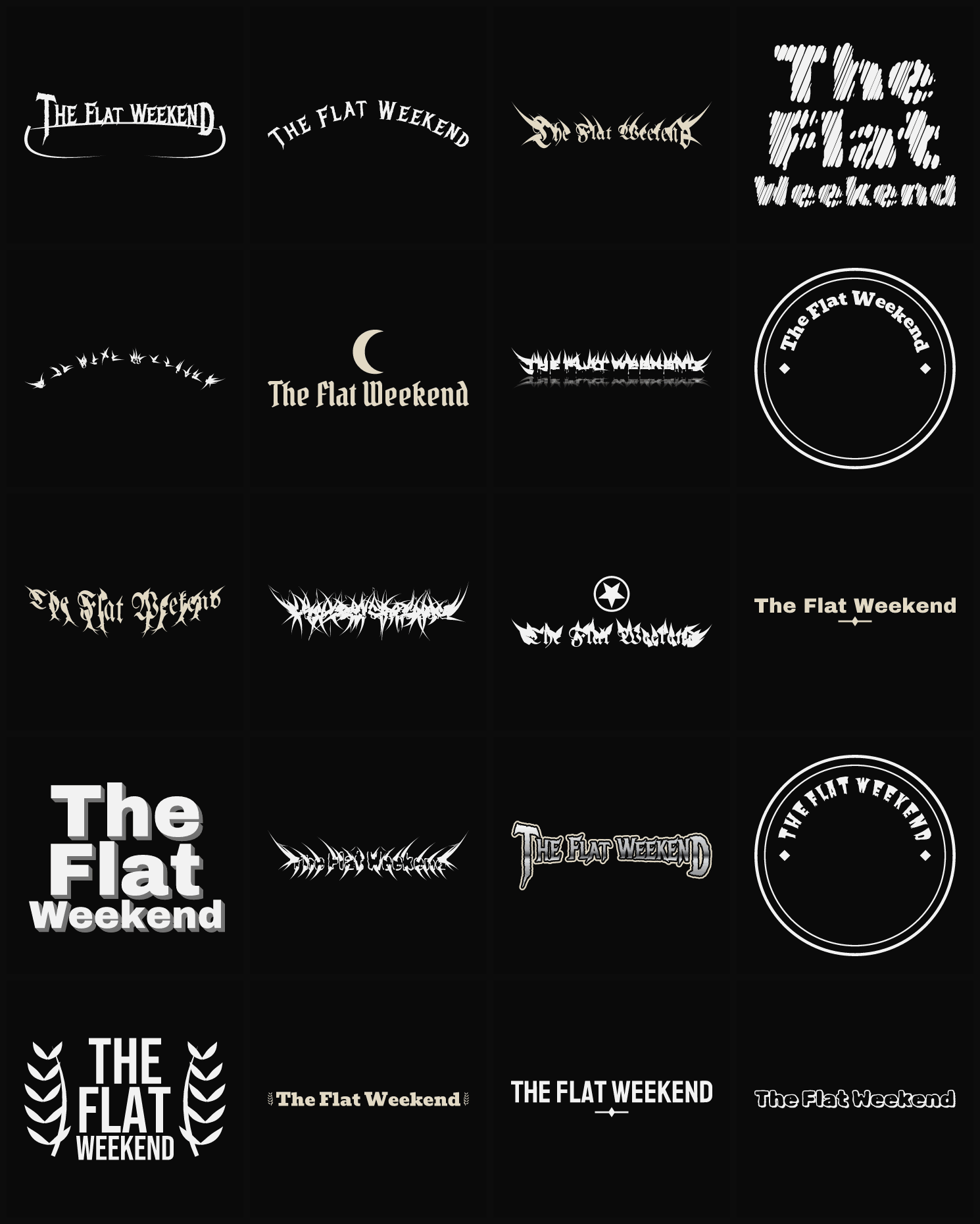 Twenty The Flat Weekend band logo ideas — different faces, treatments and spike settings