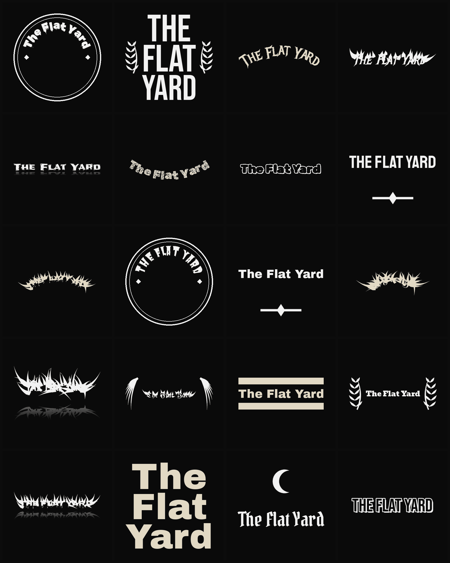 Twenty The Flat Yard band logo ideas — different faces, treatments and spike settings