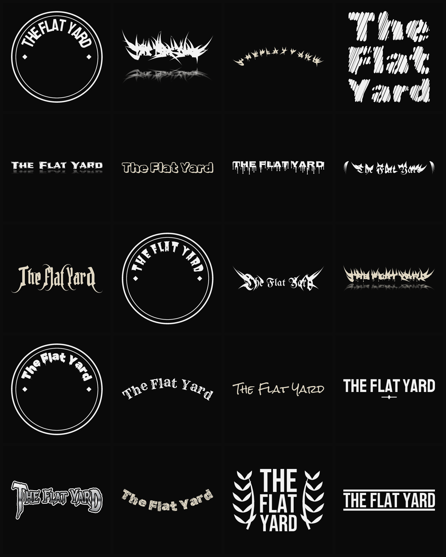 Twenty The Flat Yard band logo ideas — different faces, treatments and spike settings