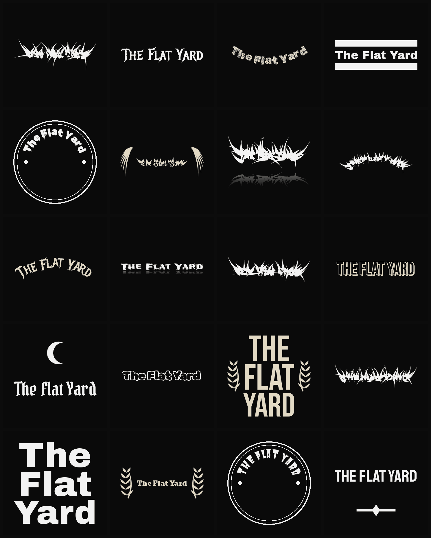Twenty The Flat Yard band logo ideas — different faces, treatments and spike settings