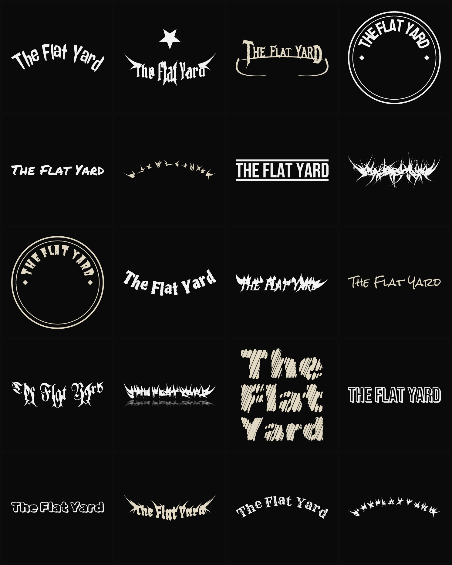 Twenty The Flat Yard band logo ideas — different faces, treatments and spike settings