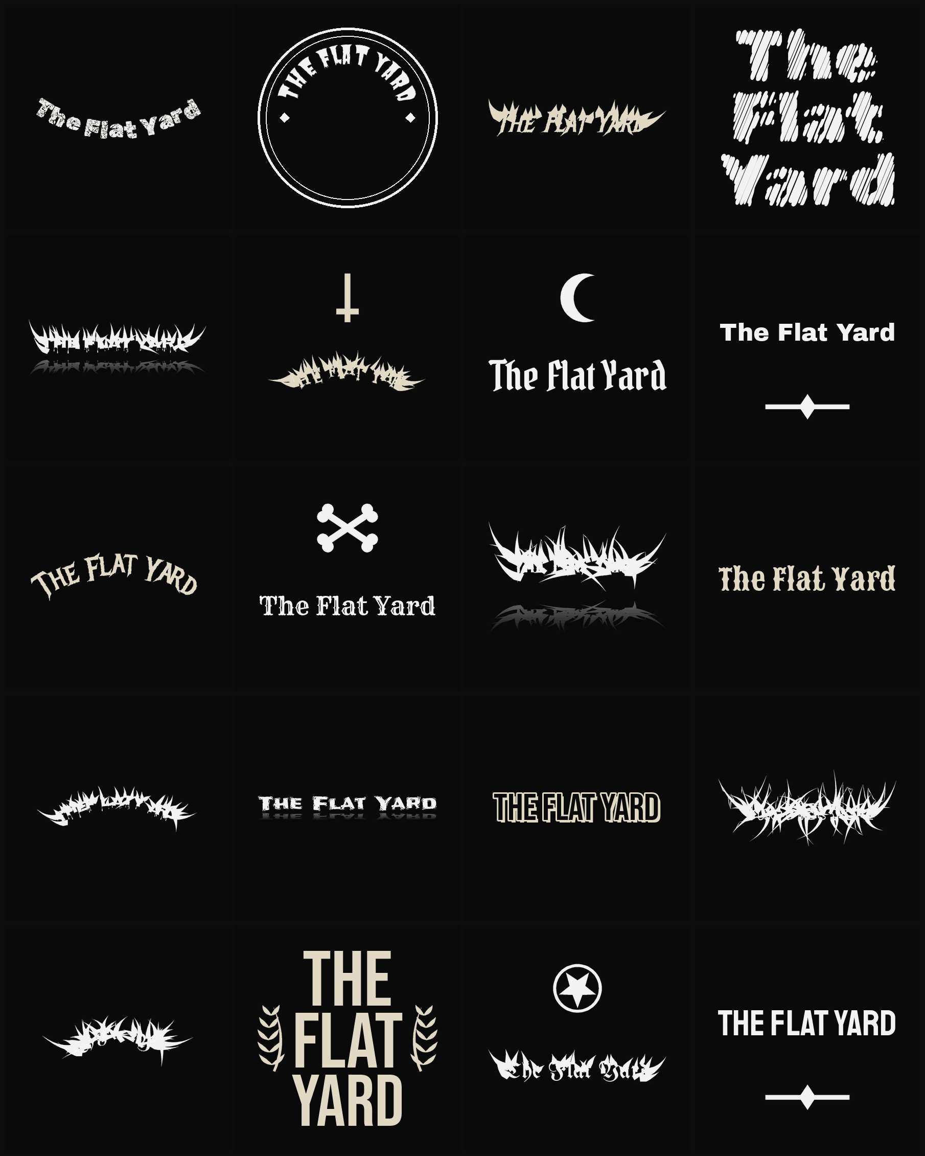 Twenty The Flat Yard band logo ideas — different faces, treatments and spike settings