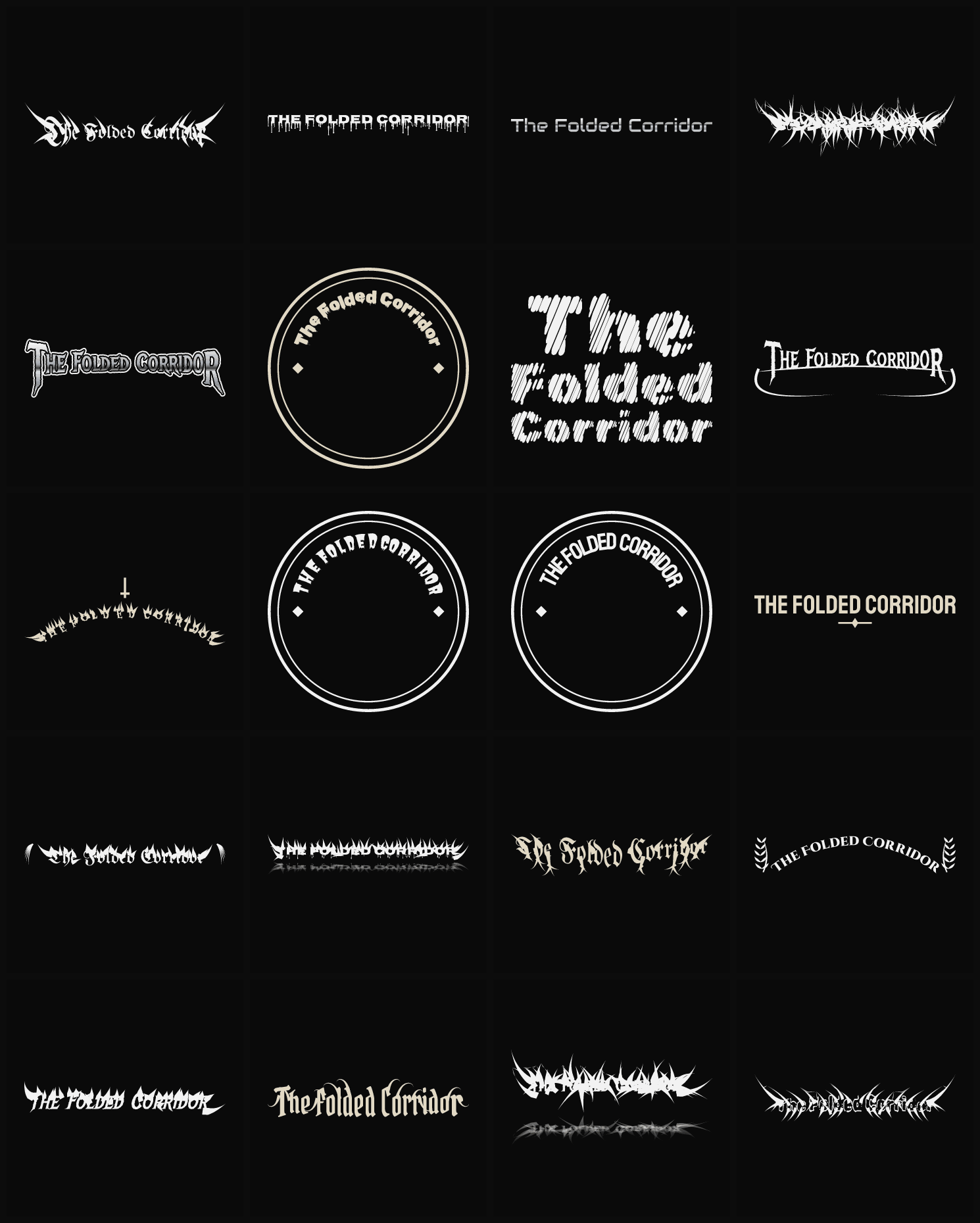 Twenty The Folded Corridor band logo ideas — different faces, treatments and spike settings