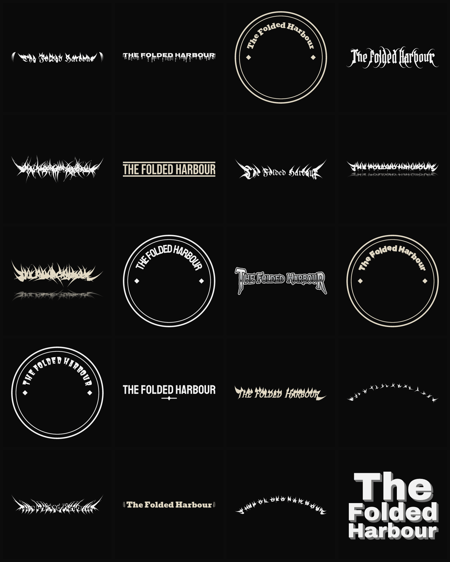 Twenty The Folded Harbour band logo ideas — different faces, treatments and spike settings