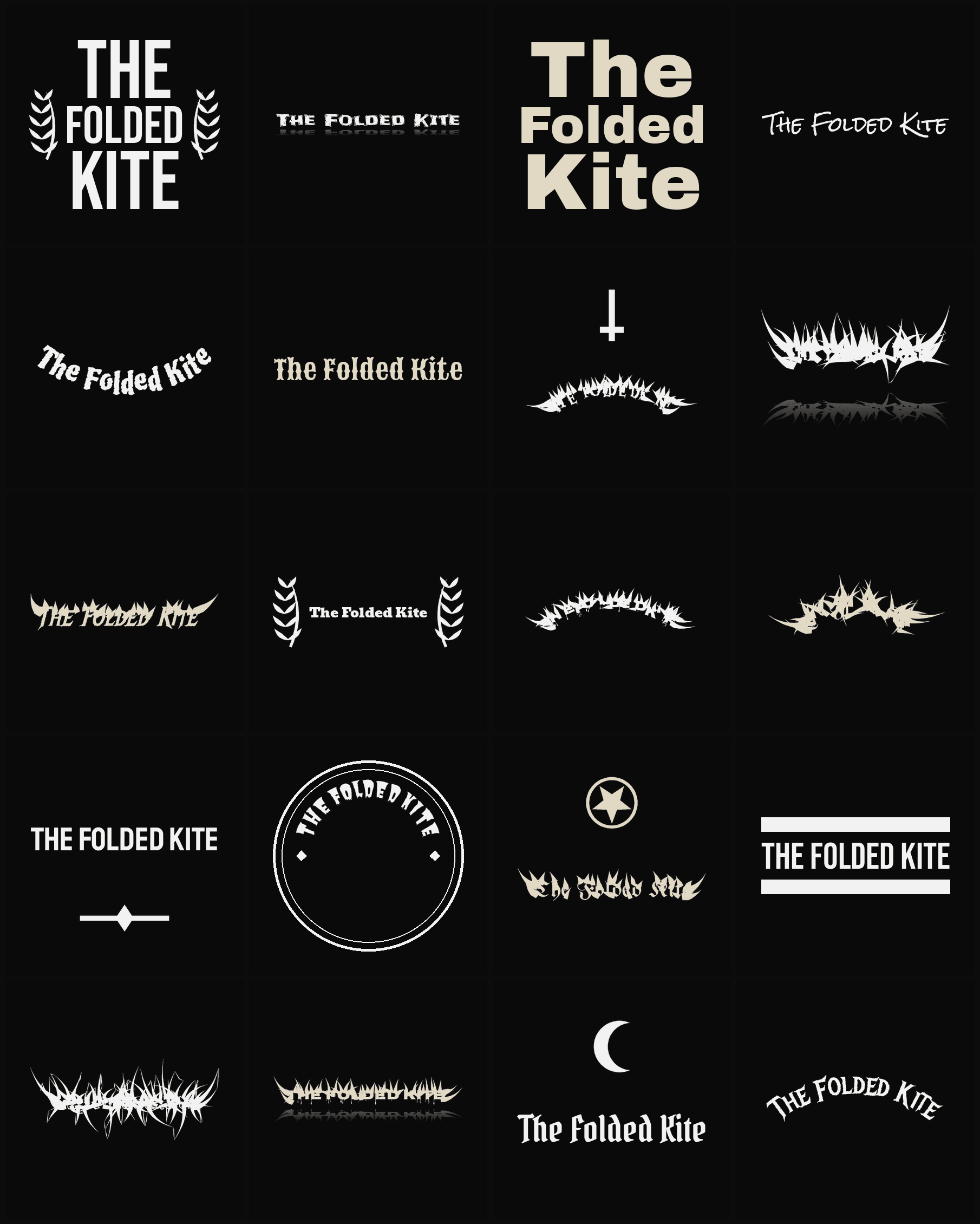 Twenty The Folded Kite band logo ideas — different faces, treatments and spike settings