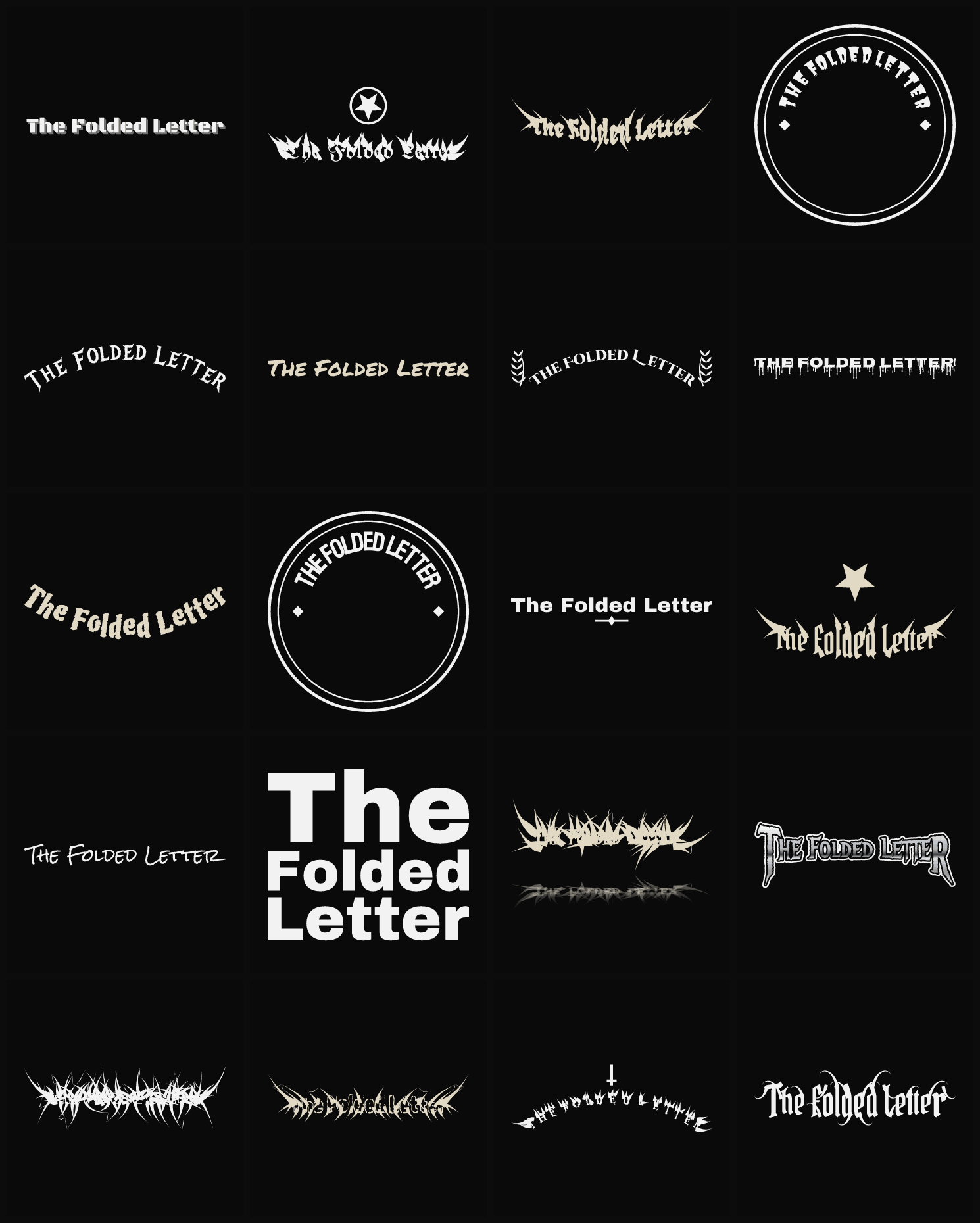 Twenty The Folded Letter band logo ideas — different faces, treatments and spike settings