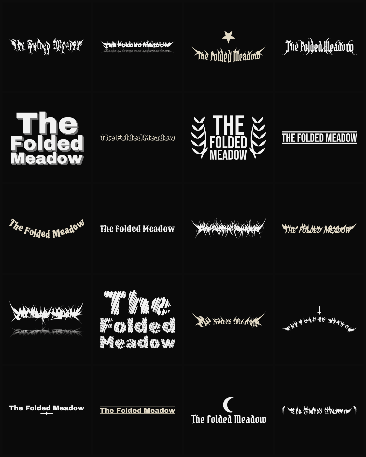 Twenty The Folded Meadow band logo ideas — different faces, treatments and spike settings