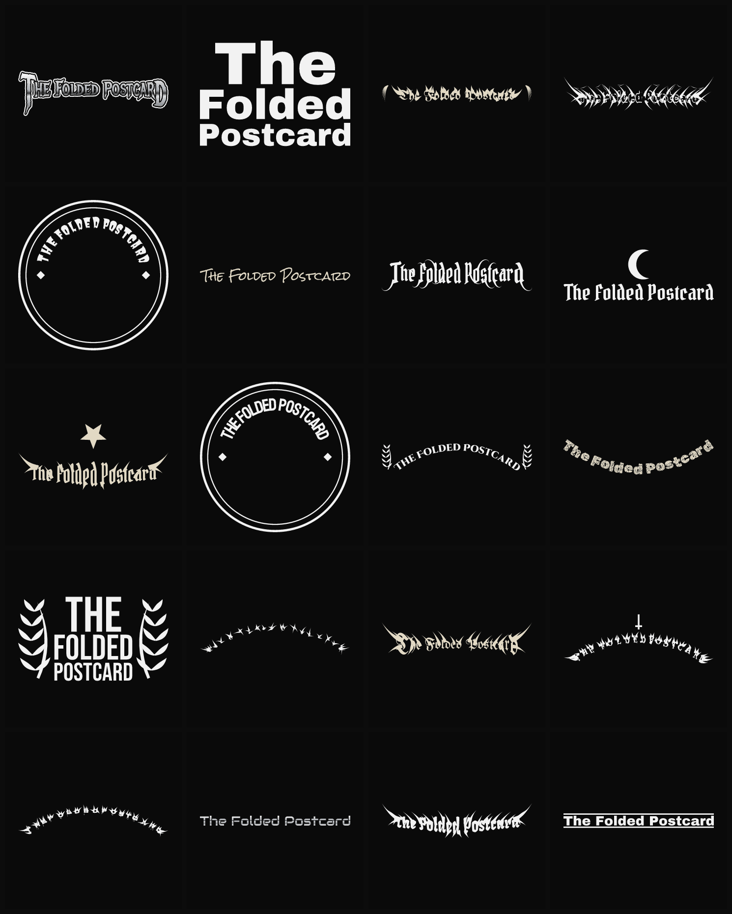 Twenty The Folded Postcard band logo ideas — different faces, treatments and spike settings