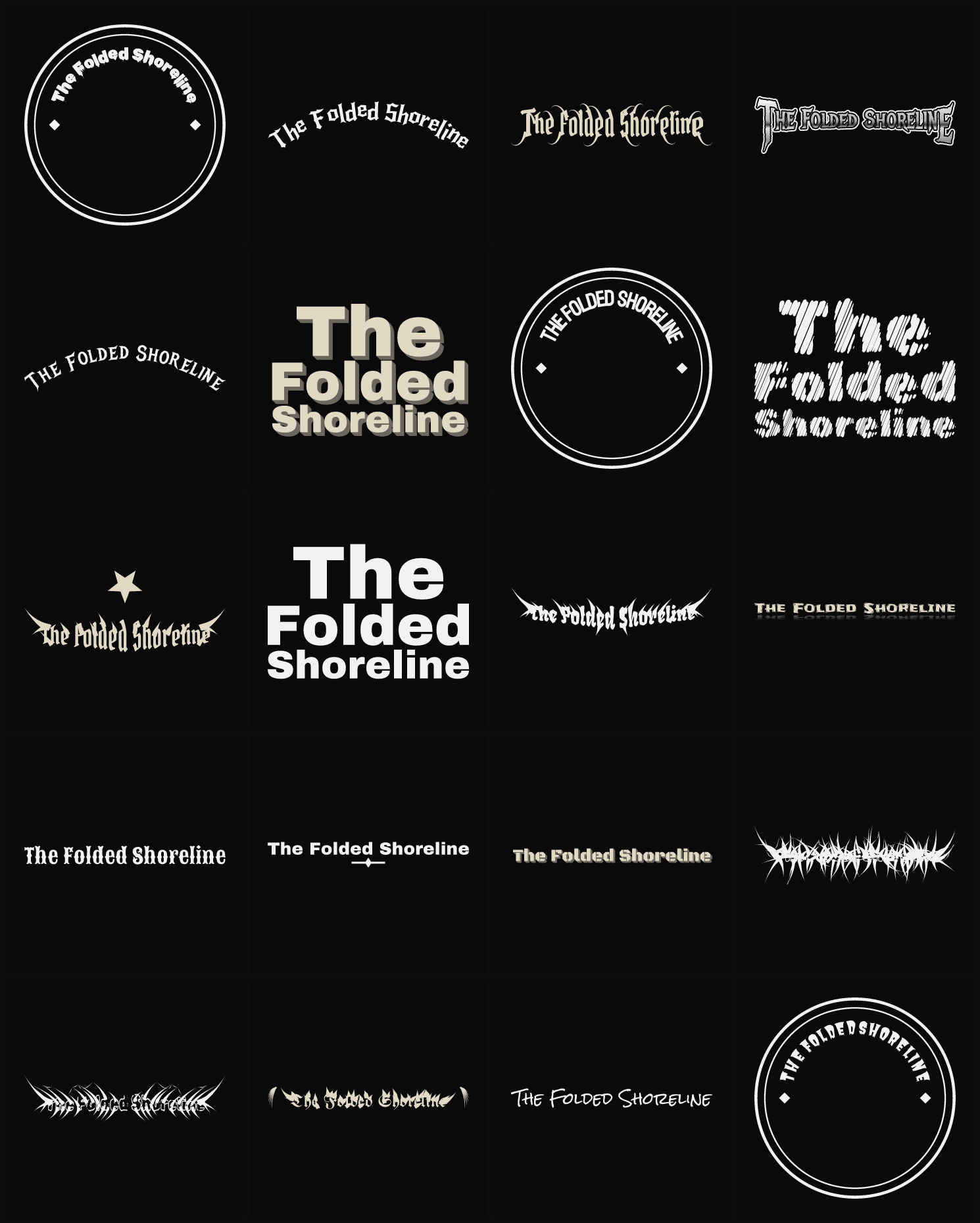 Twenty The Folded Shoreline band logo ideas — different faces, treatments and spike settings