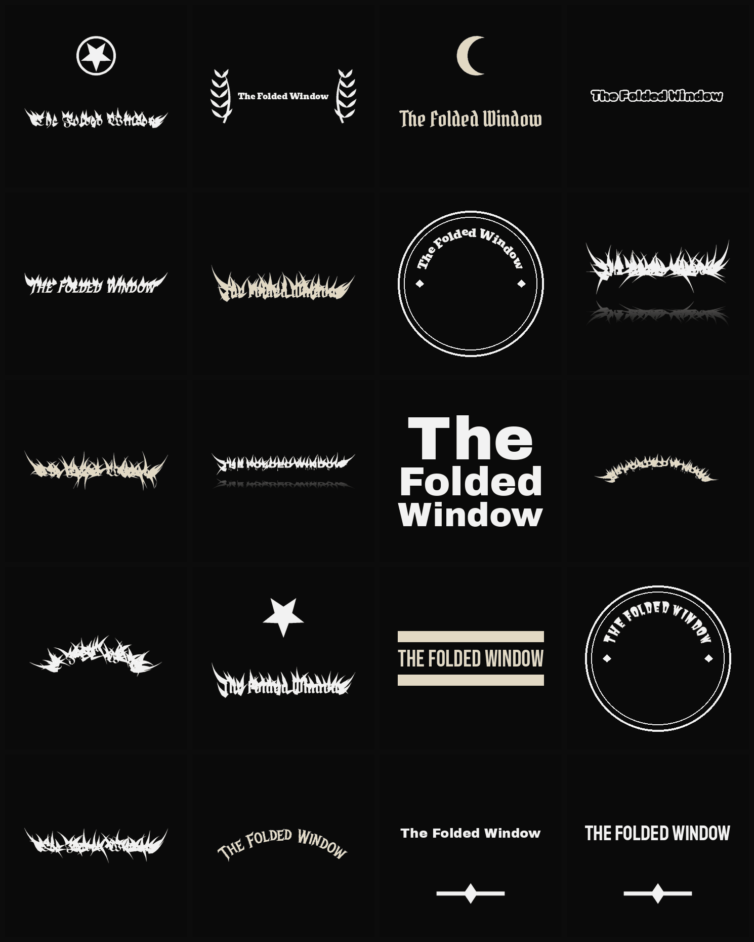 Twenty The Folded Window band logo ideas — different faces, treatments and spike settings