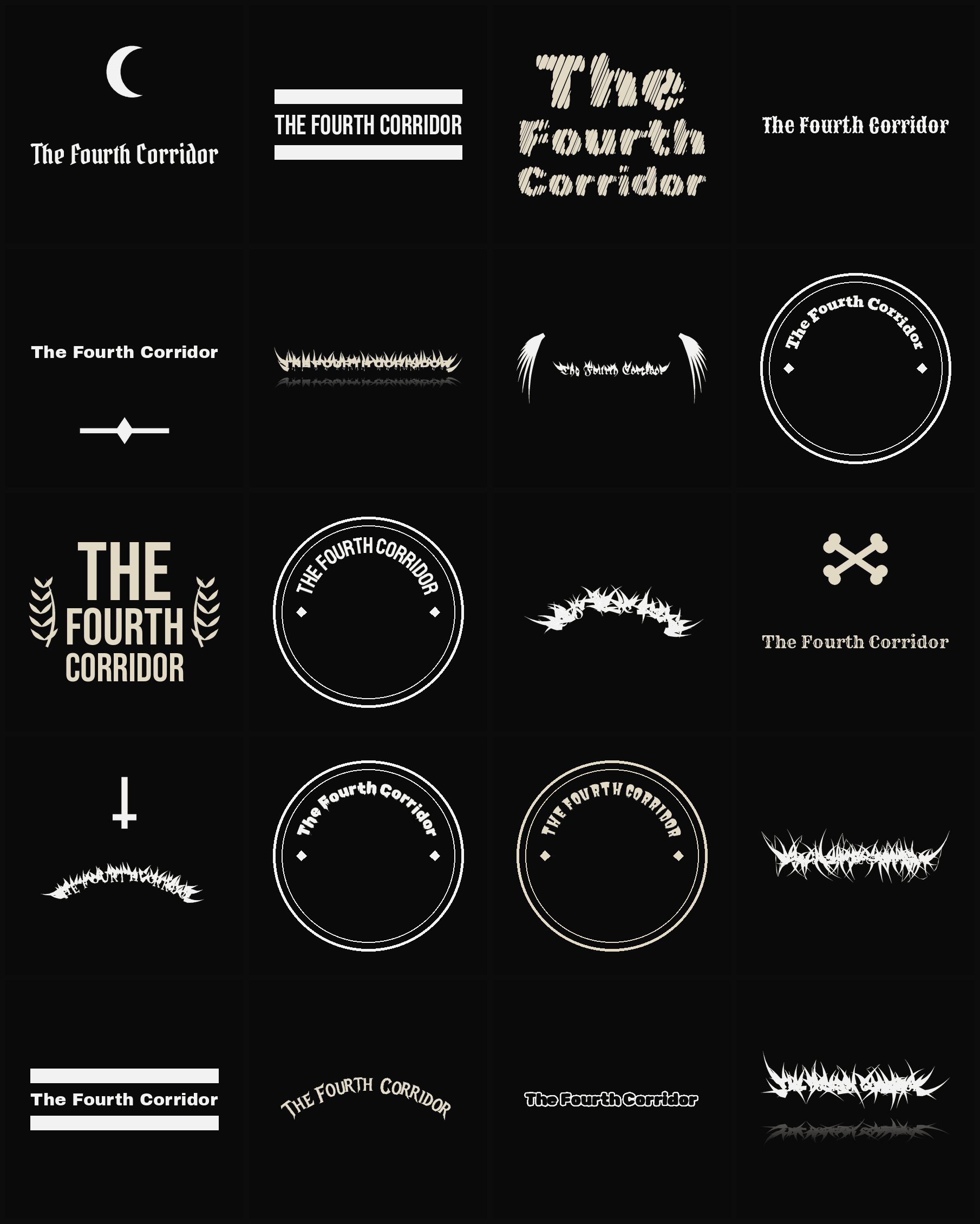 Twenty The Fourth Corridor band logo ideas — different faces, treatments and spike settings