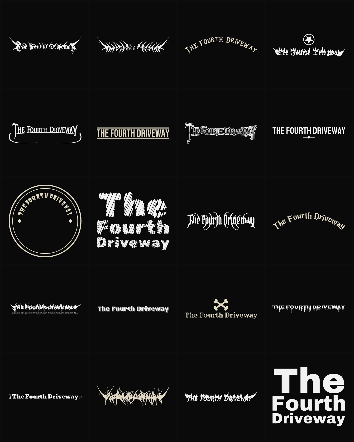 Twenty The Fourth Driveway band logo ideas — different faces, treatments and spike settings