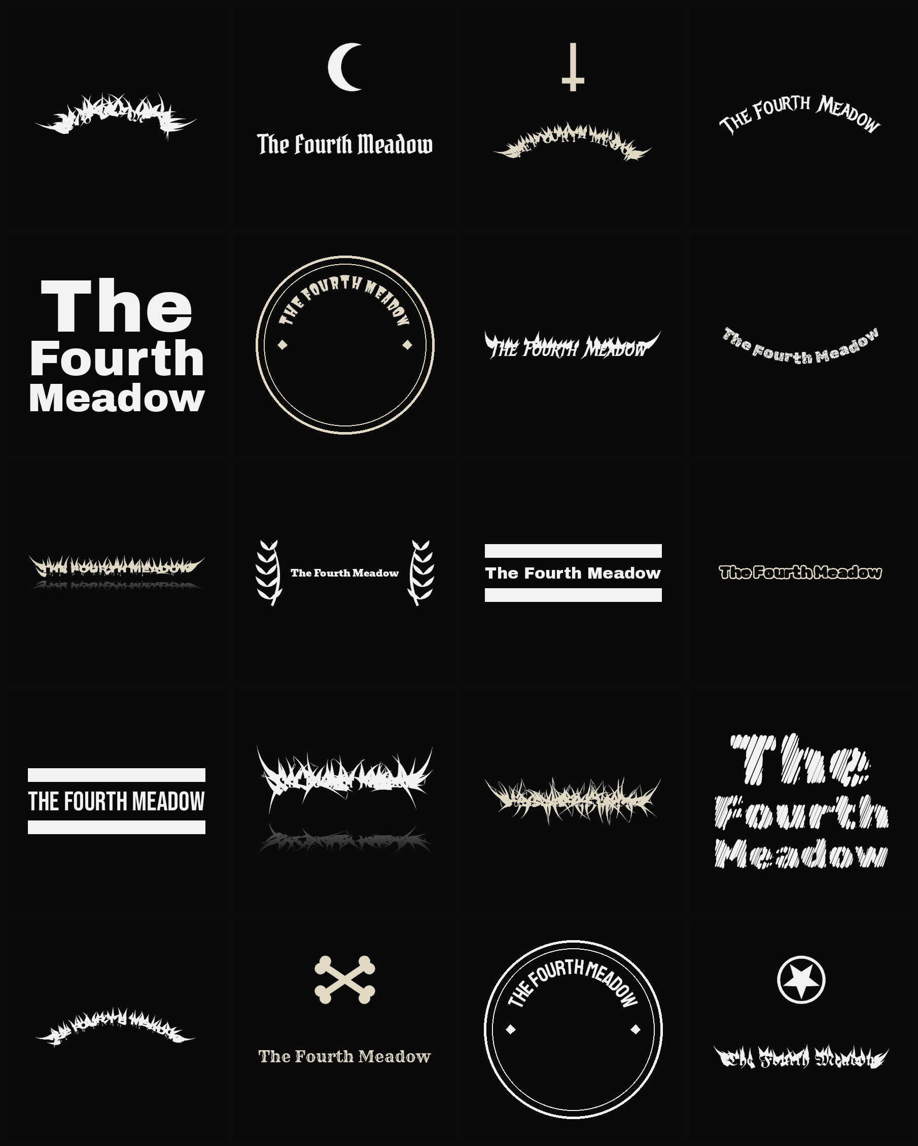 Twenty The Fourth Meadow band logo ideas — different faces, treatments and spike settings
