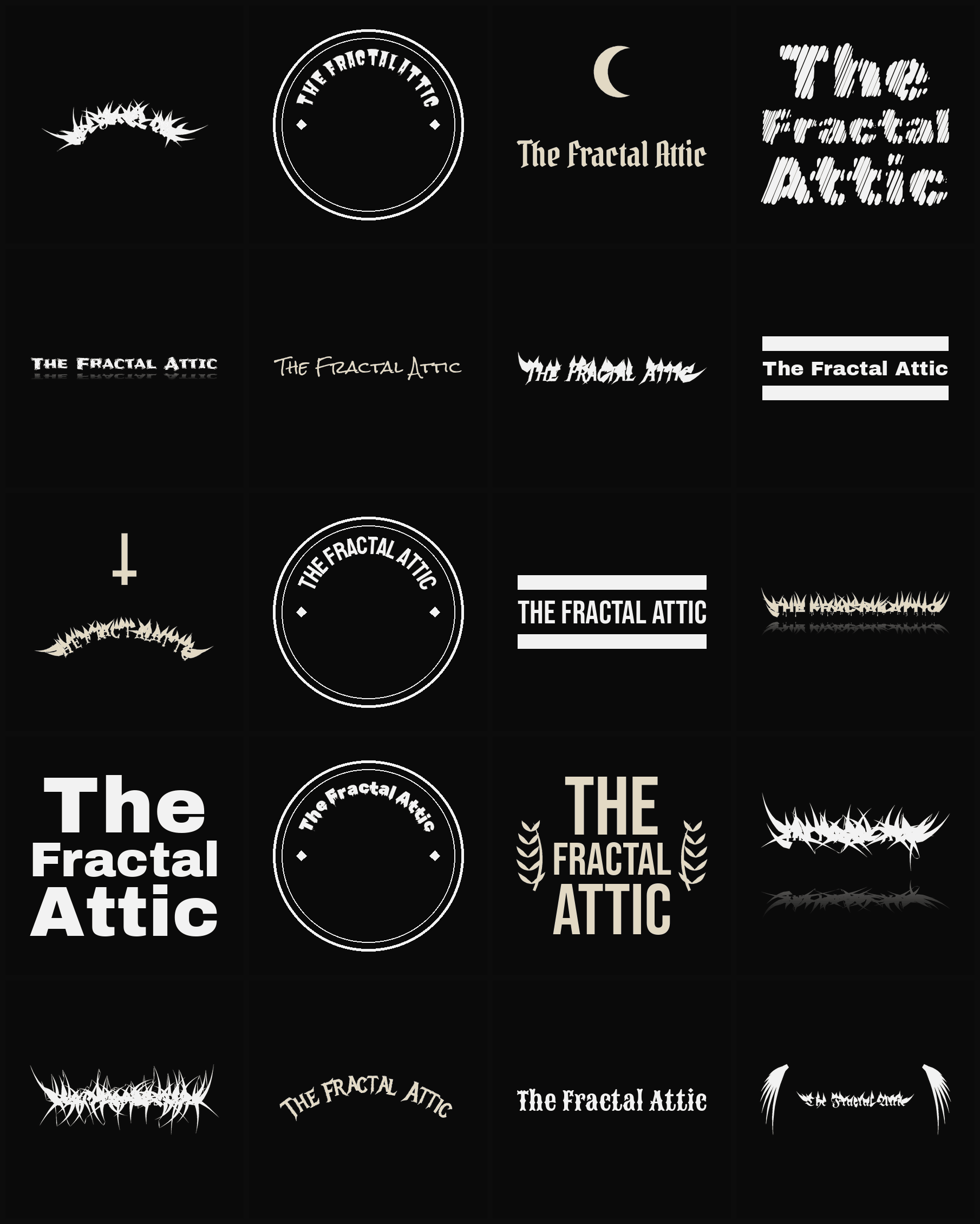 Twenty The Fractal Attic band logo ideas — different faces, treatments and spike settings